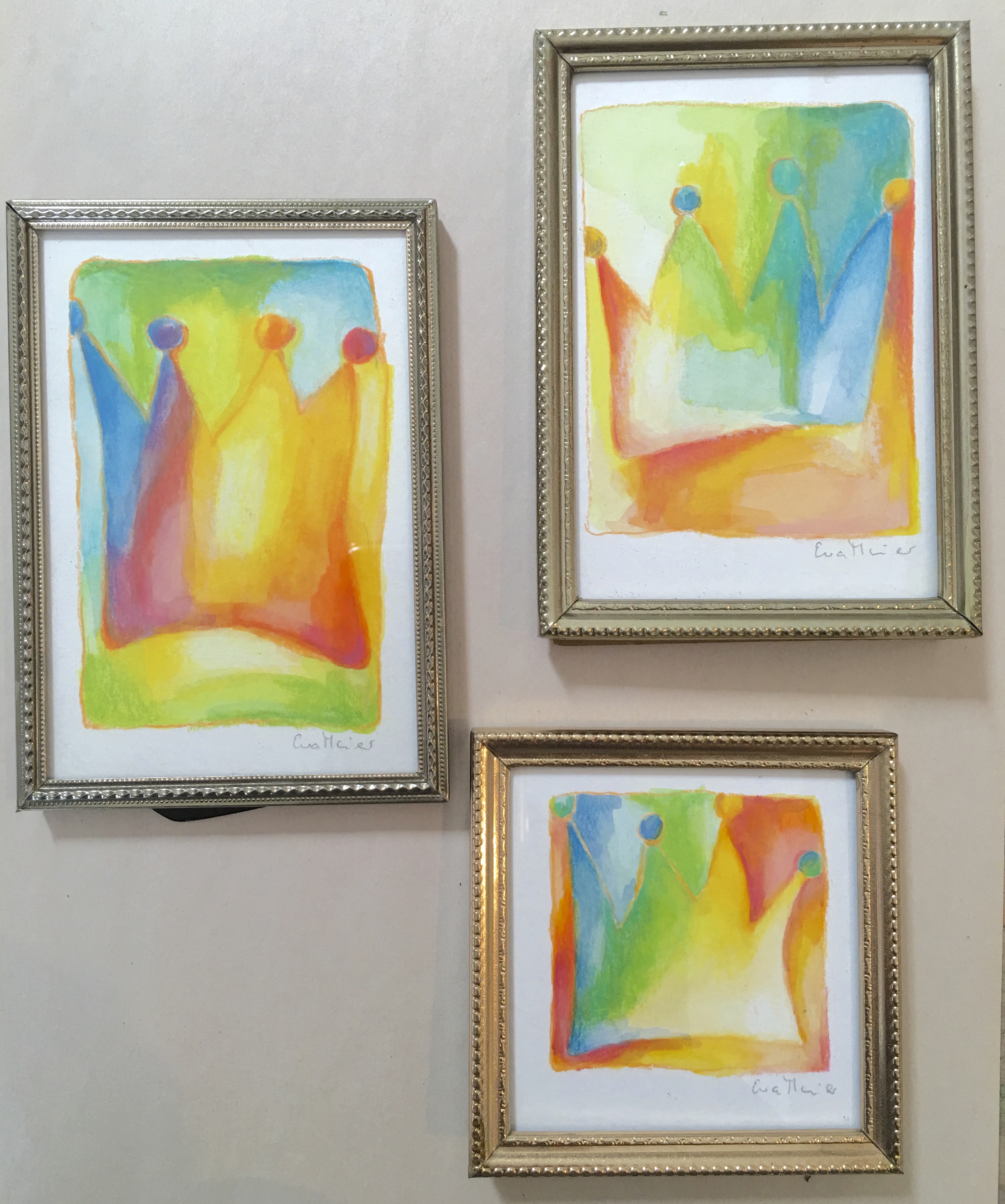 Small Crown Series, SOLD → water colors and oil pastels on paper, vintage frames