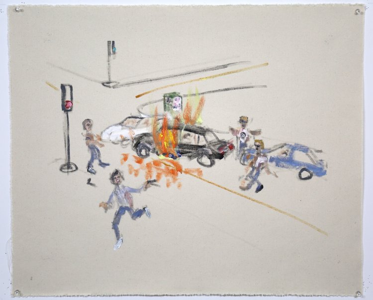 Carjacker Flambé. Oil on raw canvas, 25 x 30 inches