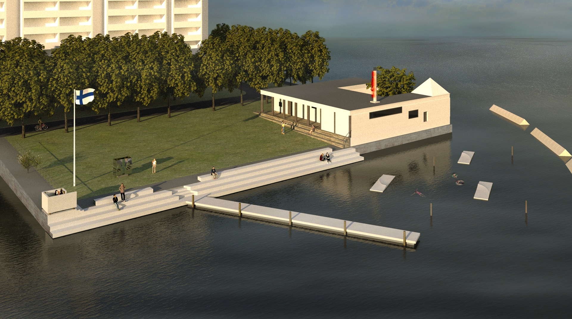 The angle of the dock create a boundary protecting swimmers away from boats