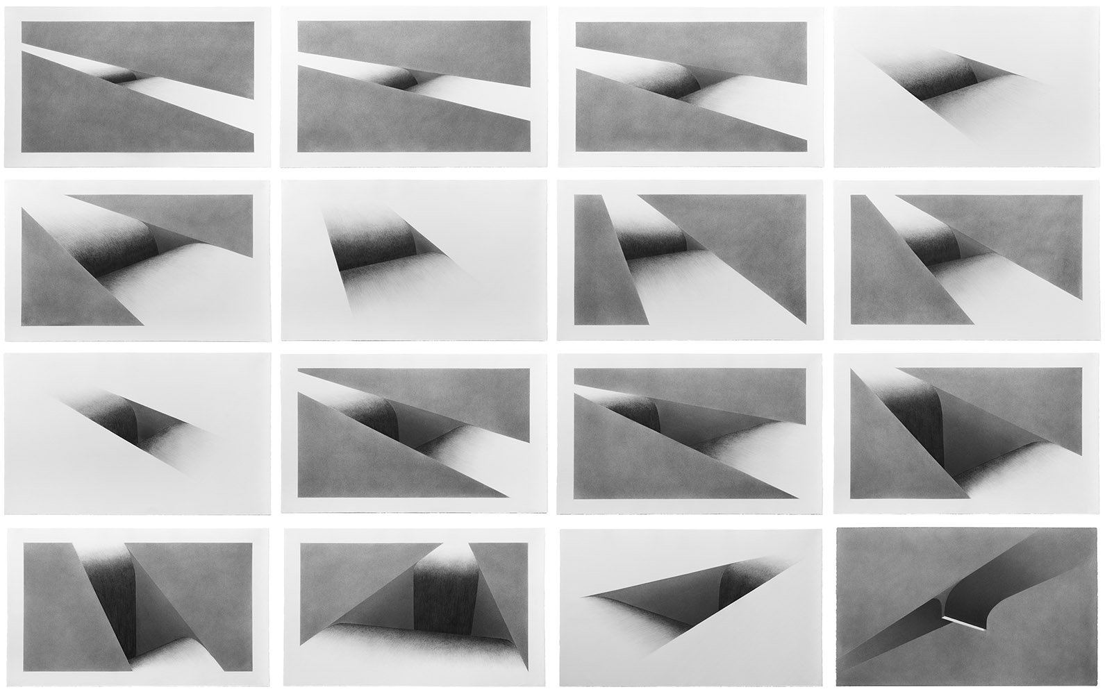 Gouffres 1-X, 2016graphite et poudre de graphite sur papier, 55x90cm chacun