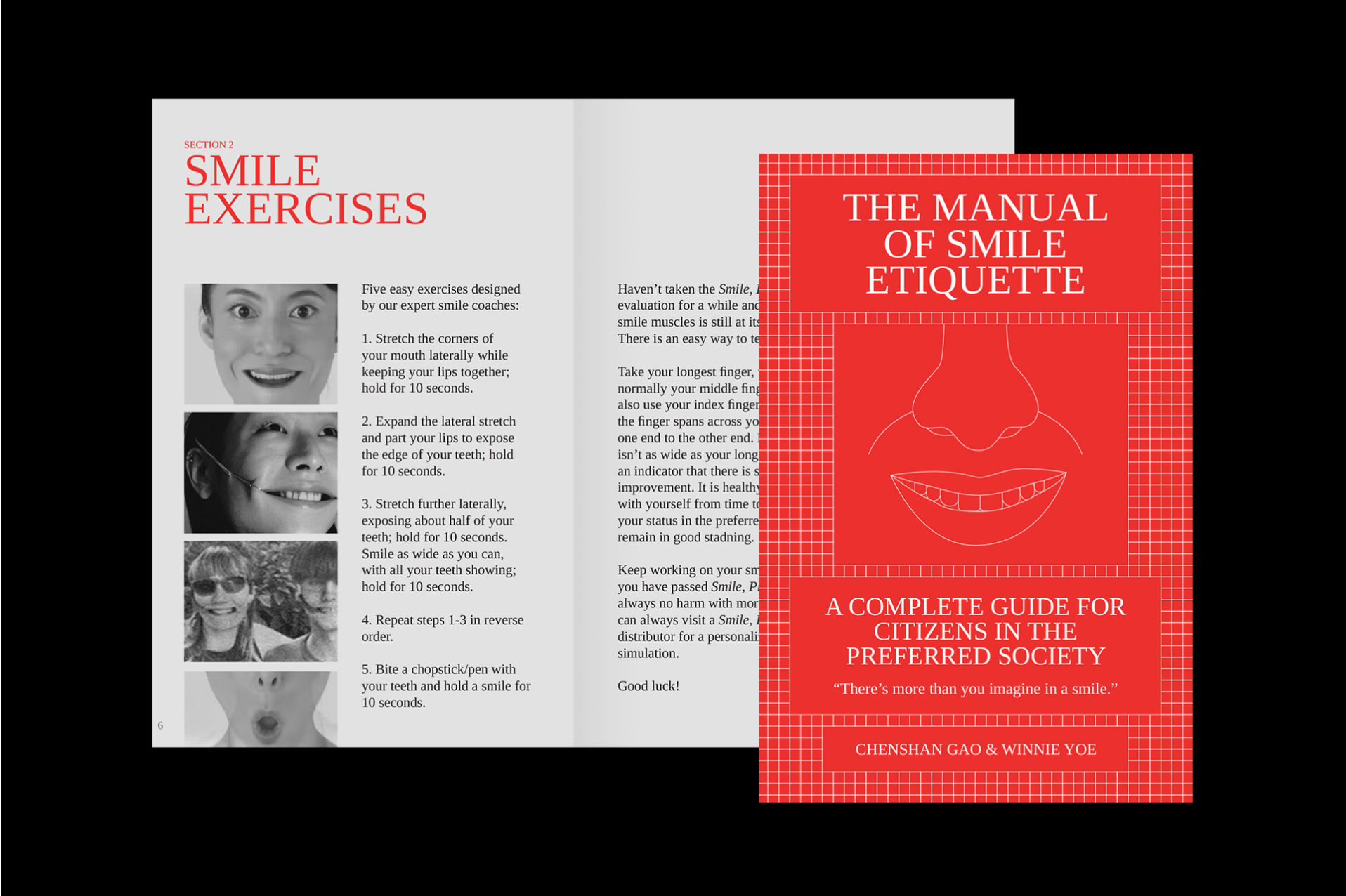 Graphic design for the booklet "The Manual of Smile Etiquette", with a spread of smile exercises