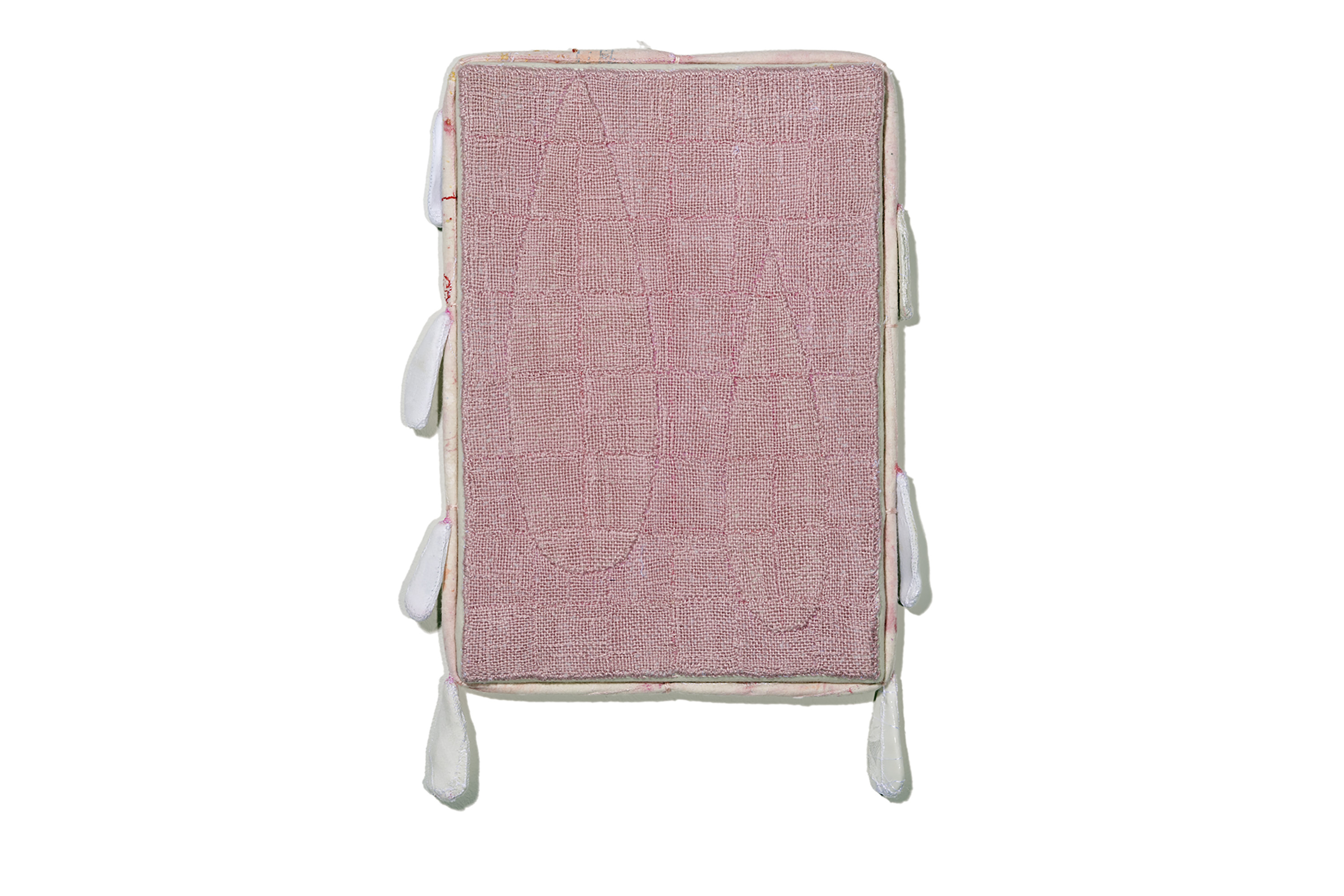 'Tearful', 2023. Cotton threads embroidered and woven on felt hand stitched over wooden stretchers and porcelain. 36 x 23 cm