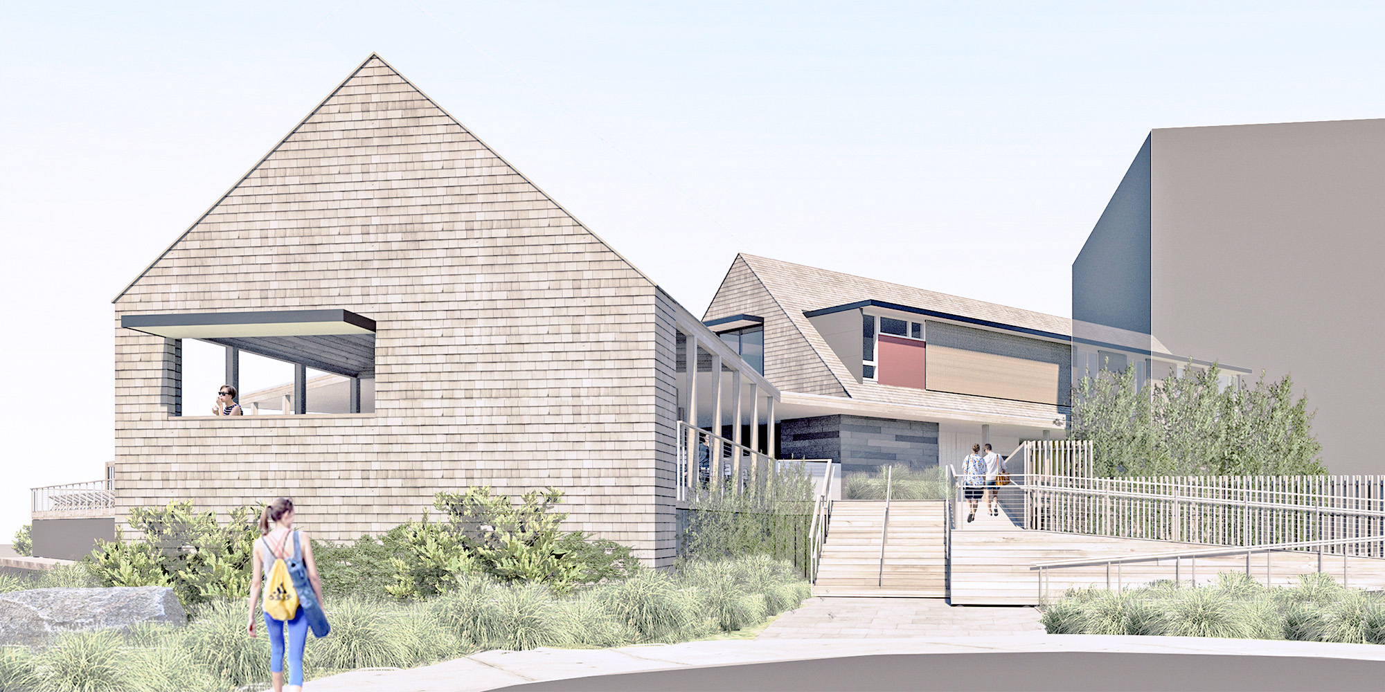 Architectural rendering of the Harbour Cove development entrance, showing multiple gabled building volumes clad in light cedar shake shingles, with a wide staircase and ramp leading to the main level.