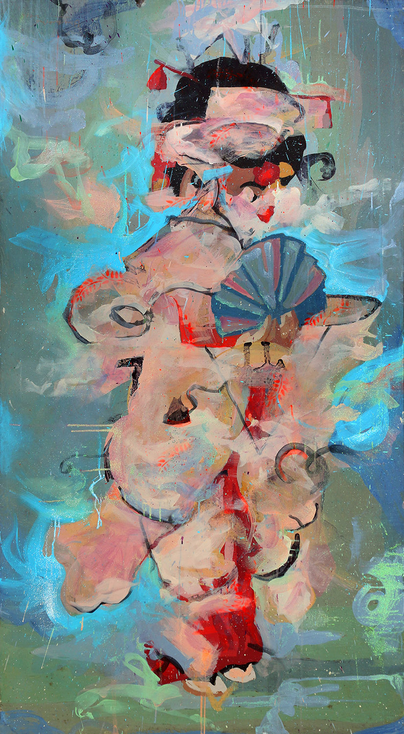 Geisha Girl, 2016 Original acrylic on canvas with printed background 75 x 41 in.