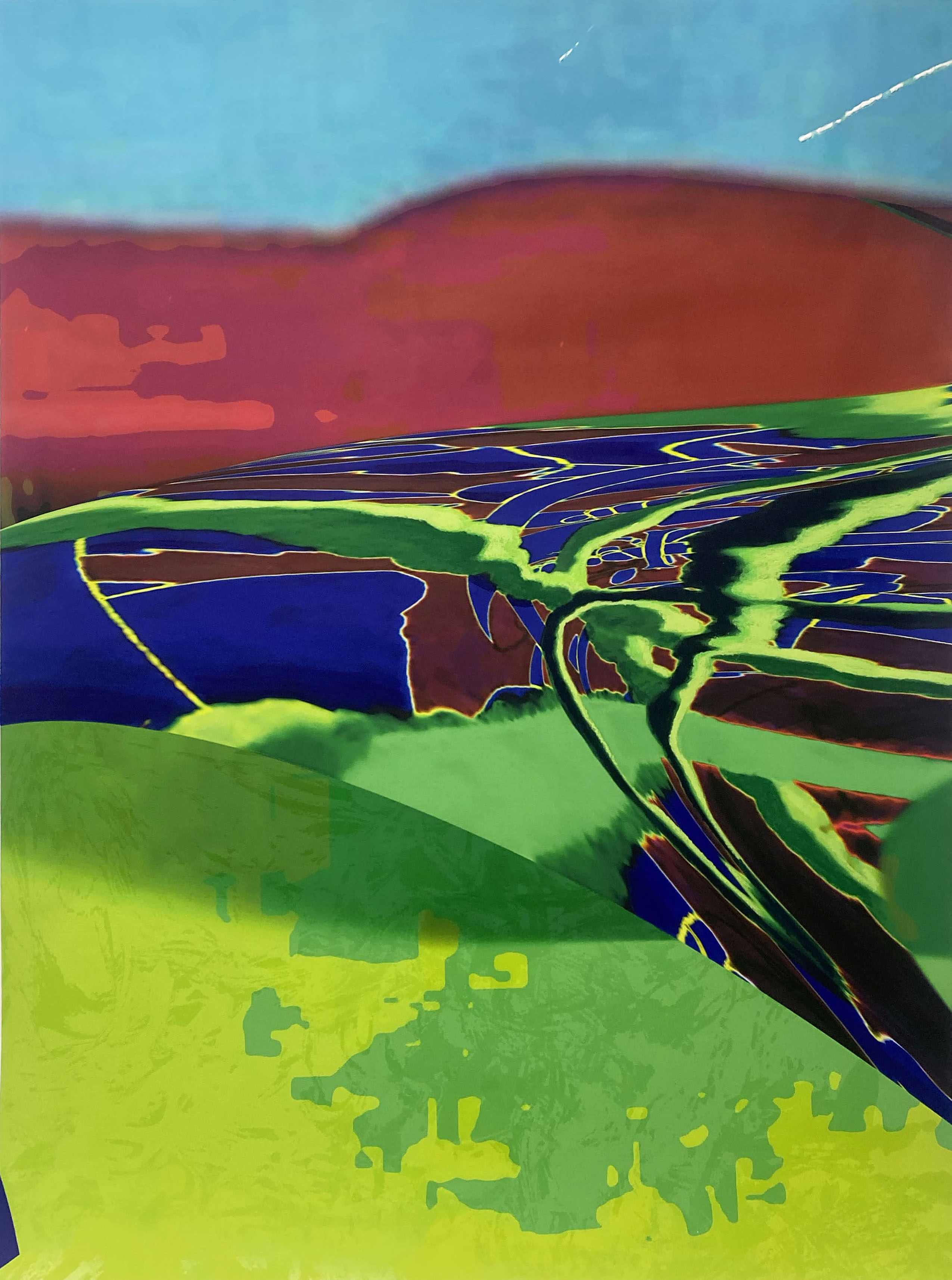 "Landscape #3", Screenprint, acrylic, sand, flock, and oil pastel on pigmented inkjet print on PhotoTex, 40" x 32",  2025