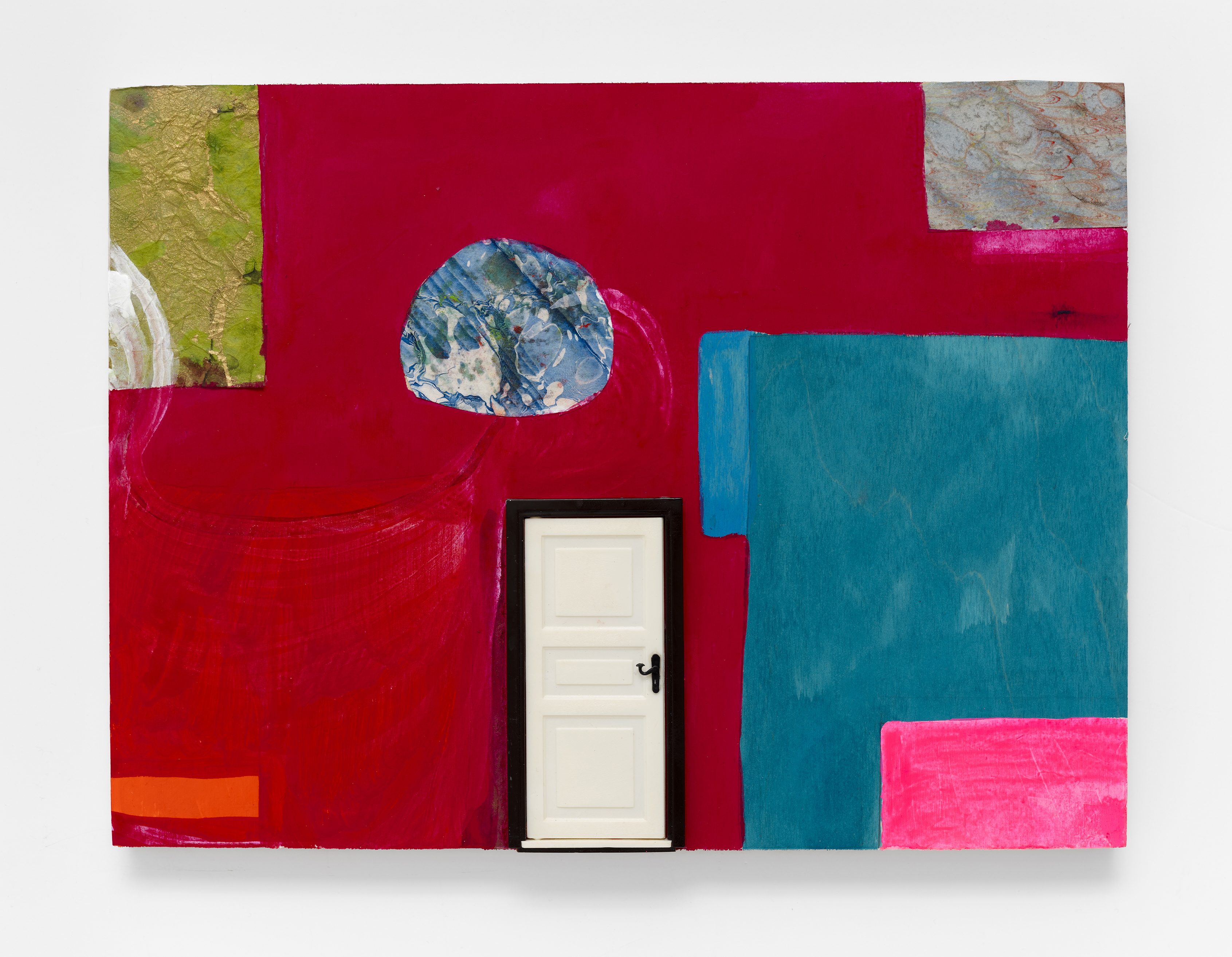 Door 1 (Crimson), 16 x 12", gouache, paper, and plastic on wood panel, 2024