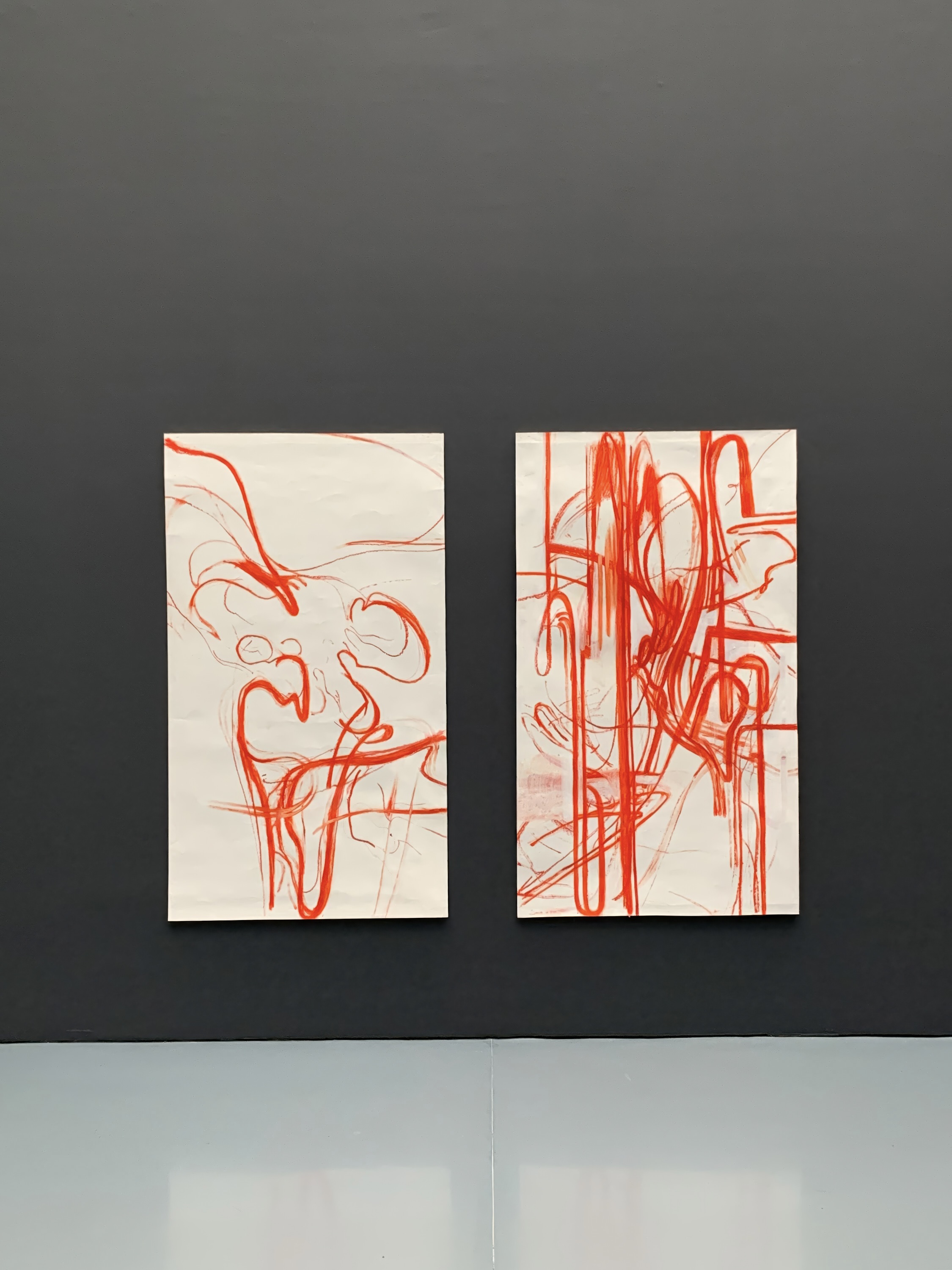 “Untitled Movement II B” and “Untitled Movement V”, oilstick and acrylic on paper, each 200 x 114 cm, on view during the show: Die Grosse 2023 at Museum Kunstpalast, Düsseldorf, 2023, Photo: Mena Moskopf