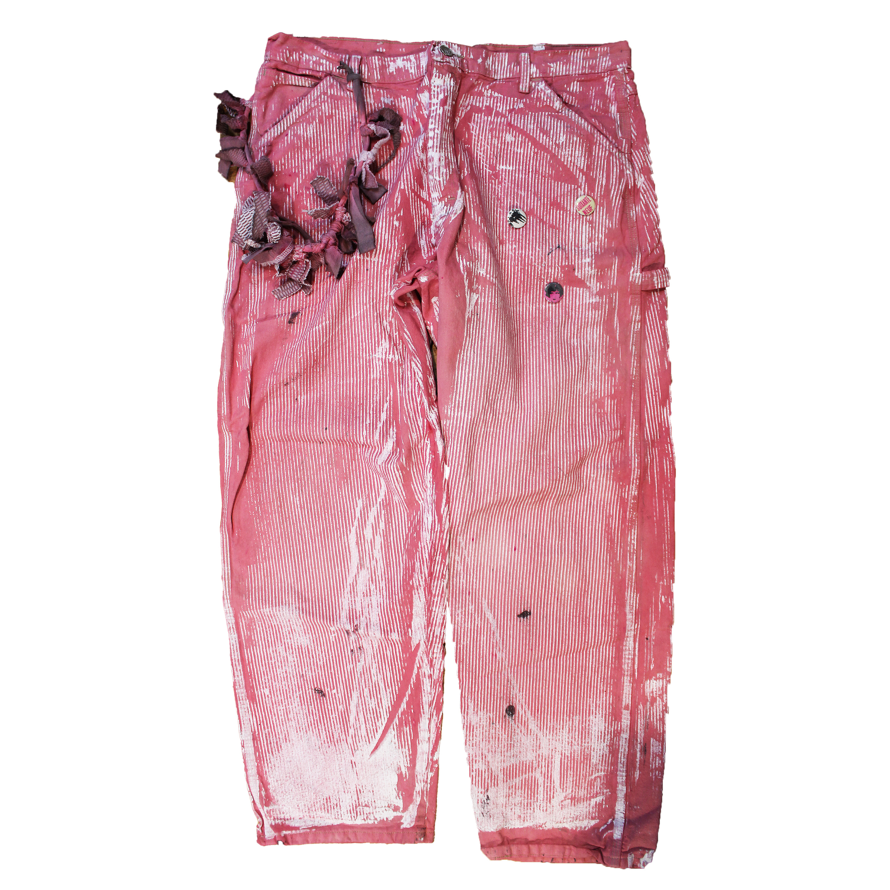 reclaimed vintage surplus denim screen printed with pinstripes in textile dye. tailored for straight/wide fit. fitted with custom keychain, scrap chain, and leather patches