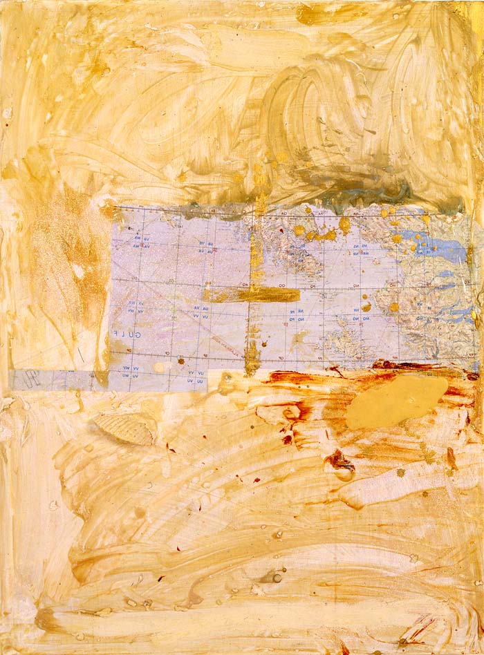 divination, 1992, map fragment, crystalline powder, and oil on board, 40x30in, private collection
