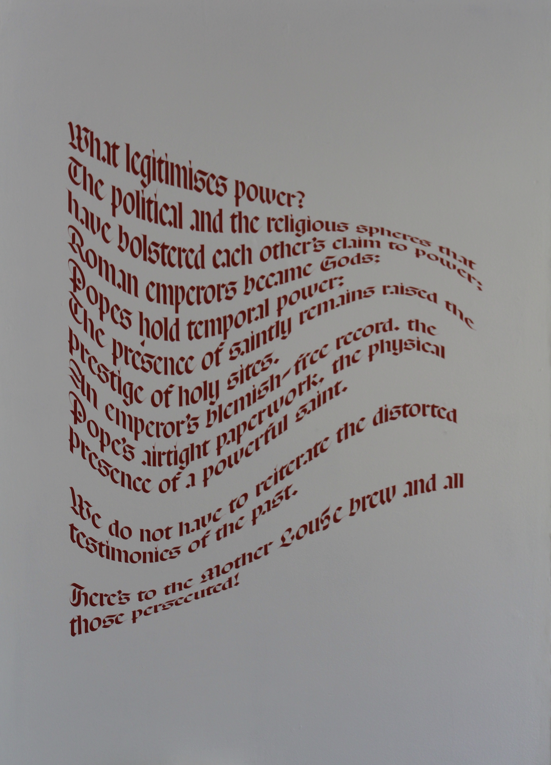 ︎︎︎ Cut vinyl in red, text by Larissa Shaw. Installed at GLOAM, Sheffield. May 2025. Typeface designed by Keith Dodds, text distortion by Tony Evers.