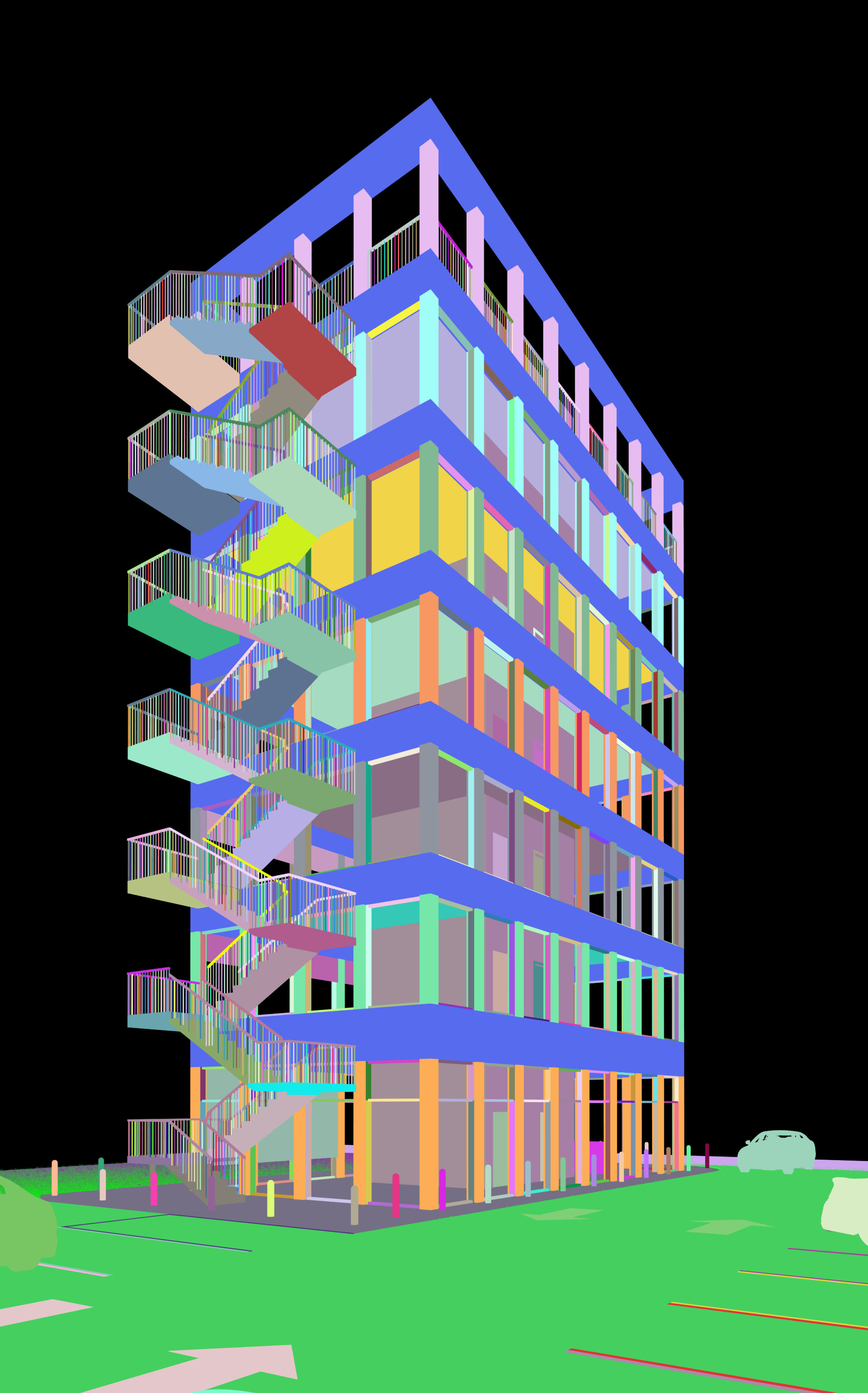 Small tower scheme on lot's corner. The scale of the building is somewhere in the middle of tower and a typical 3 story office building. 