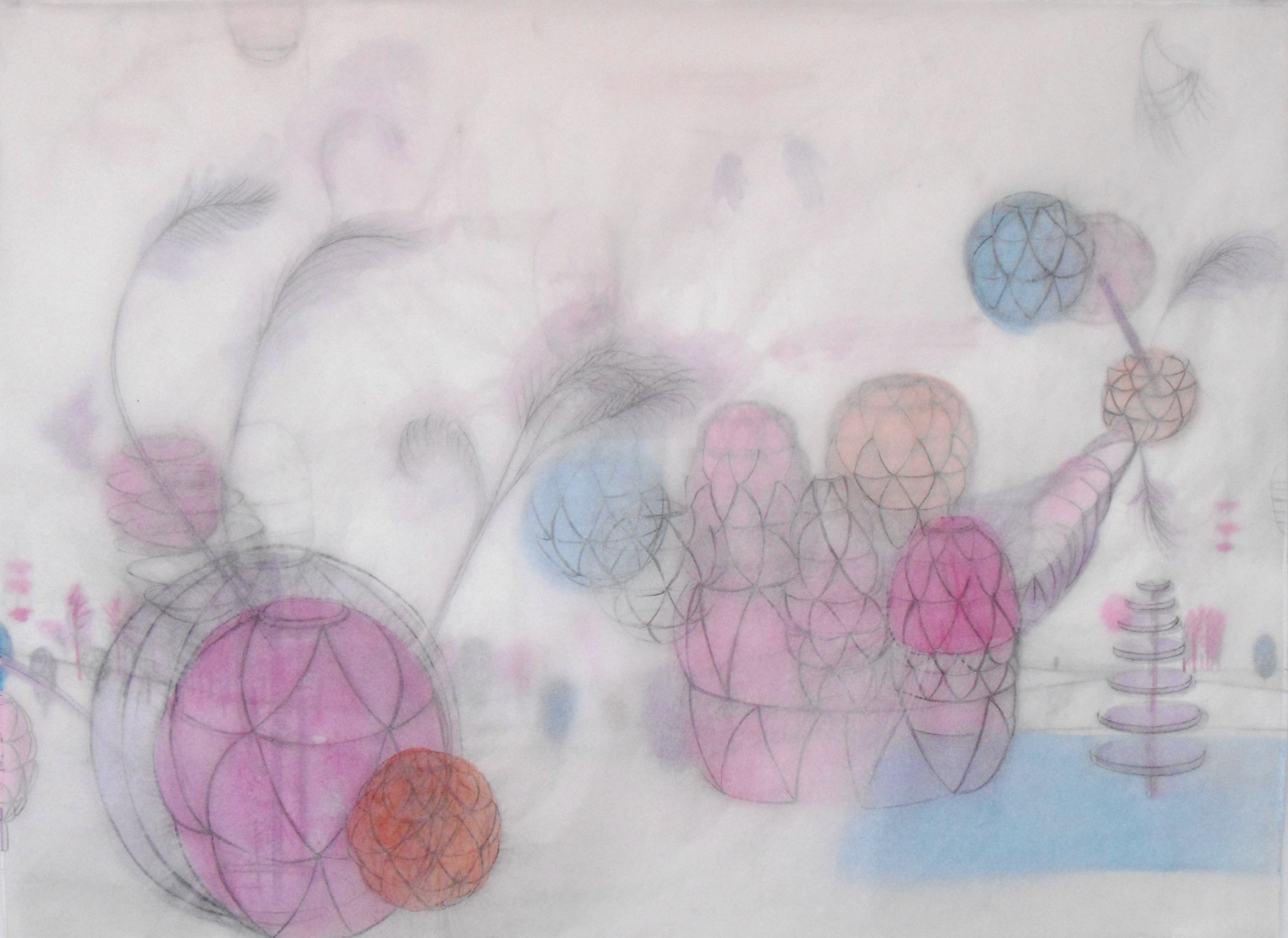 Delights I, watercolor and graphite on layered paper, 34” x 27 x 2”, 2014