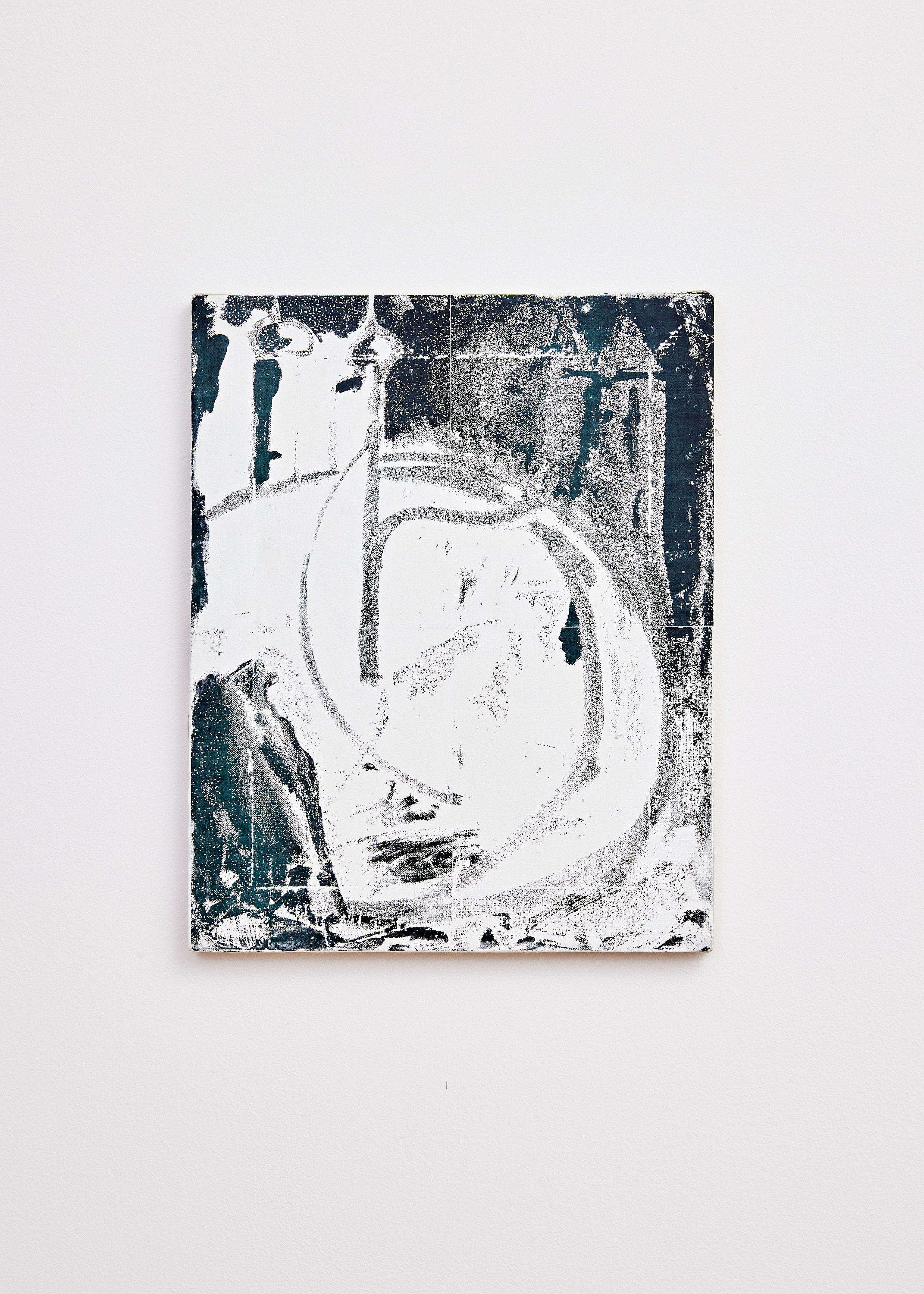 Untitled, 2022 Toner, paper, and acrylic resin on primed linen, 15"x12"