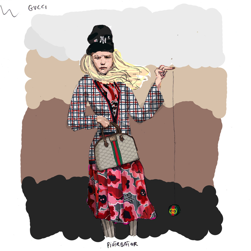 From Gucci's collection - Lady with yoyo. Scanned pencil drawing on paper, digitally painted