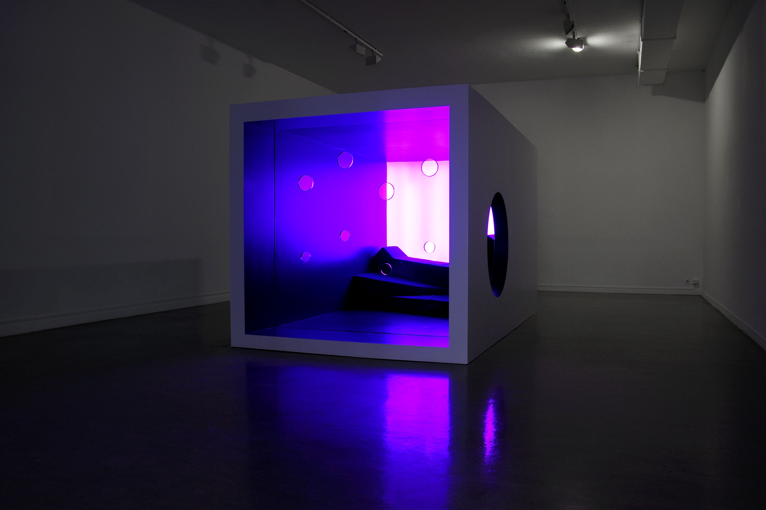 Purple Box 2010 Perspex, wood, MDF, fluorescent tubes, fabric and scent 220 × 220 × 370 cm In collaboration with Peter Saville Installation view FRAC Champagne-Ardenne, Reims (30 September 2010 – 2 January 2011)