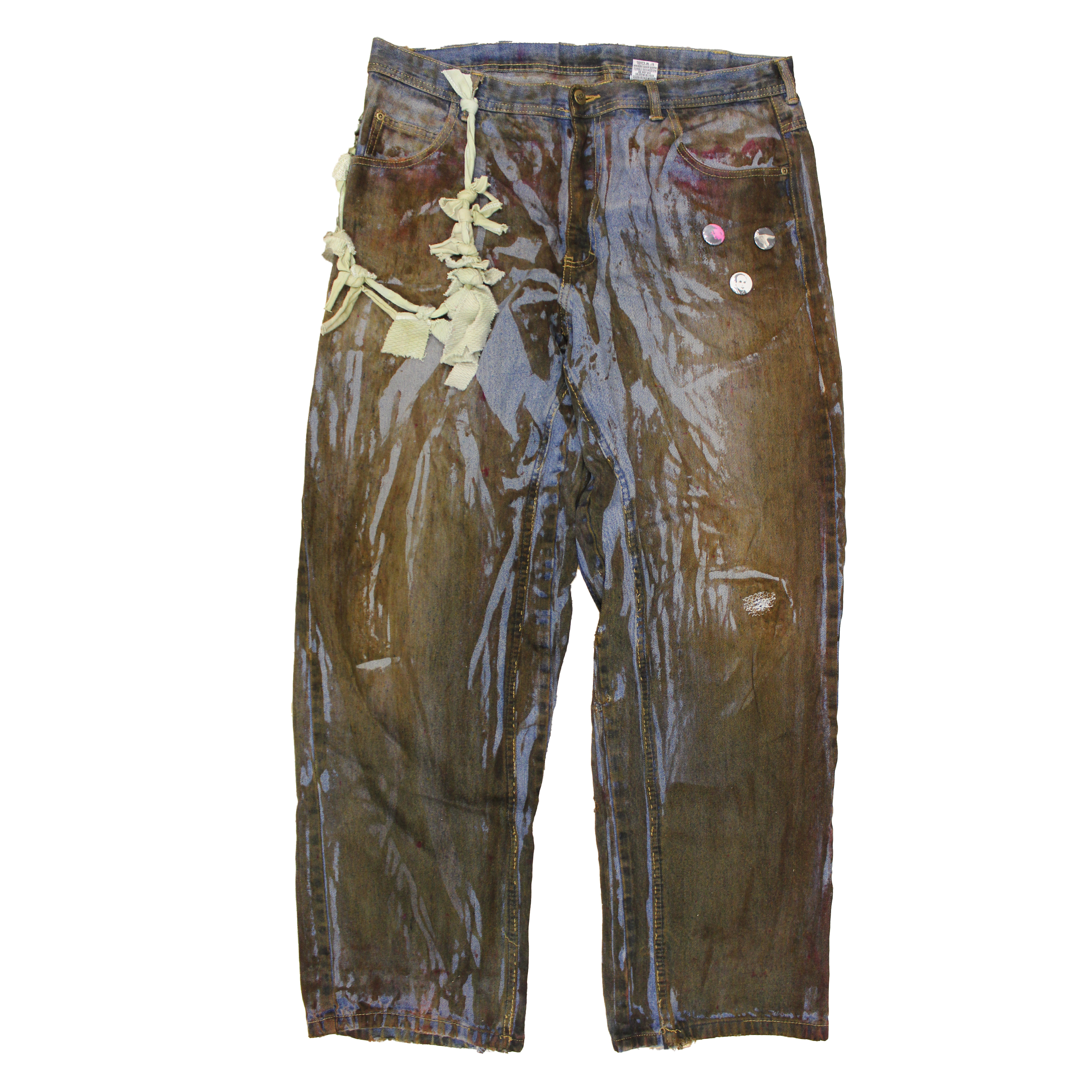 reclaimed vintage surplus denim screen printed with textile dye & various metals. tailored for straight/wide fit. fitted with custom keychain, scrap chain, and leather patches