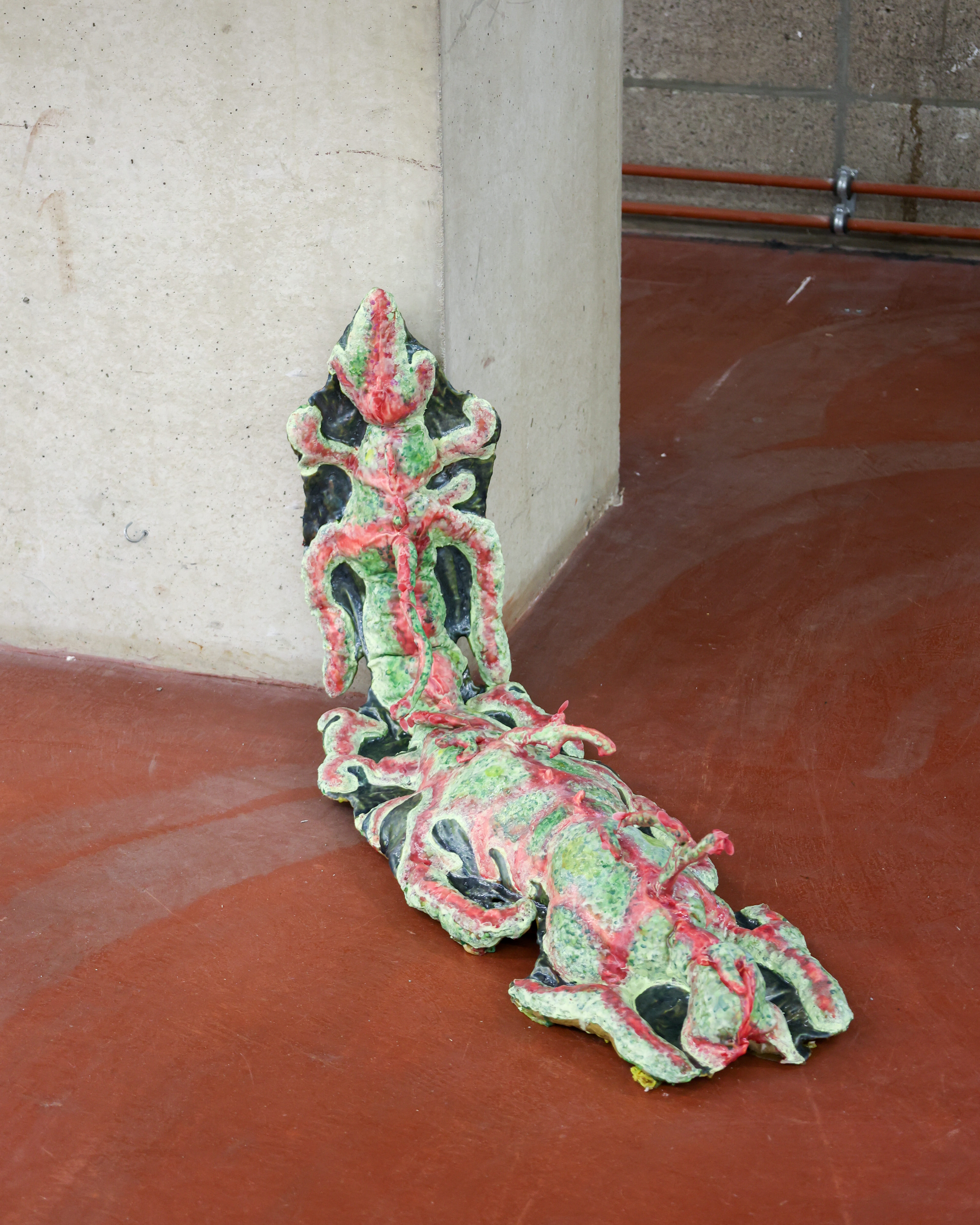 Soft Shell, 2025, 120 x 30 x 15 cm, Recycled cotton, natural latex, acrylic paint, ink