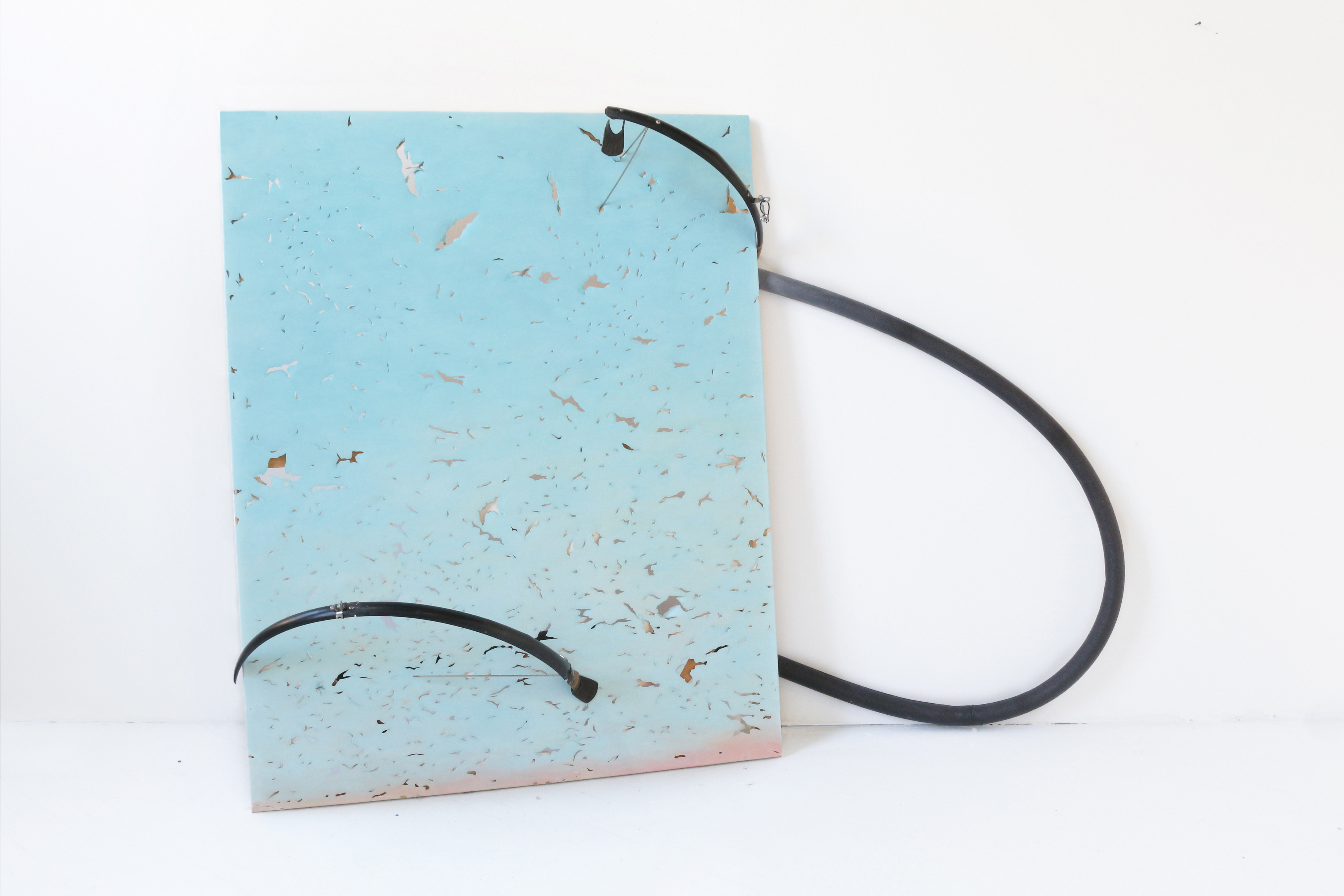 The Way Back to My House by the River, Discarded bike fender, acrylic paint on insulation pipe, oil paint on perforated canvas. 60 x 84 x 36 in, 2018