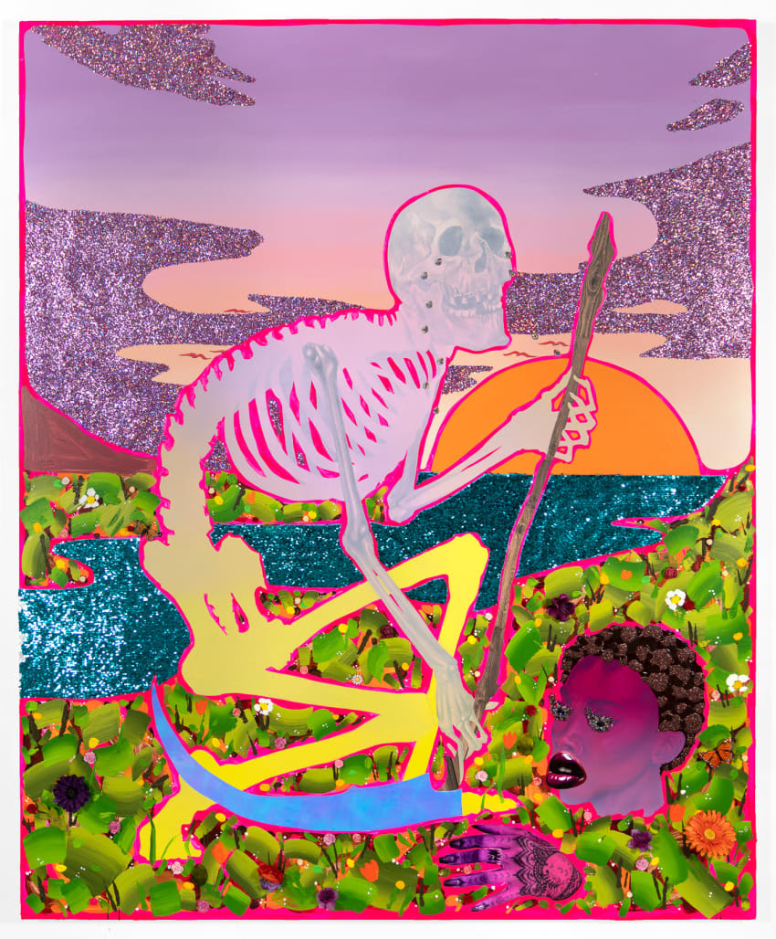 A colorful painting of a skeleton hunched over with a scythe next to a head with a surprised expression, in front of a river and a large sky at sunset.