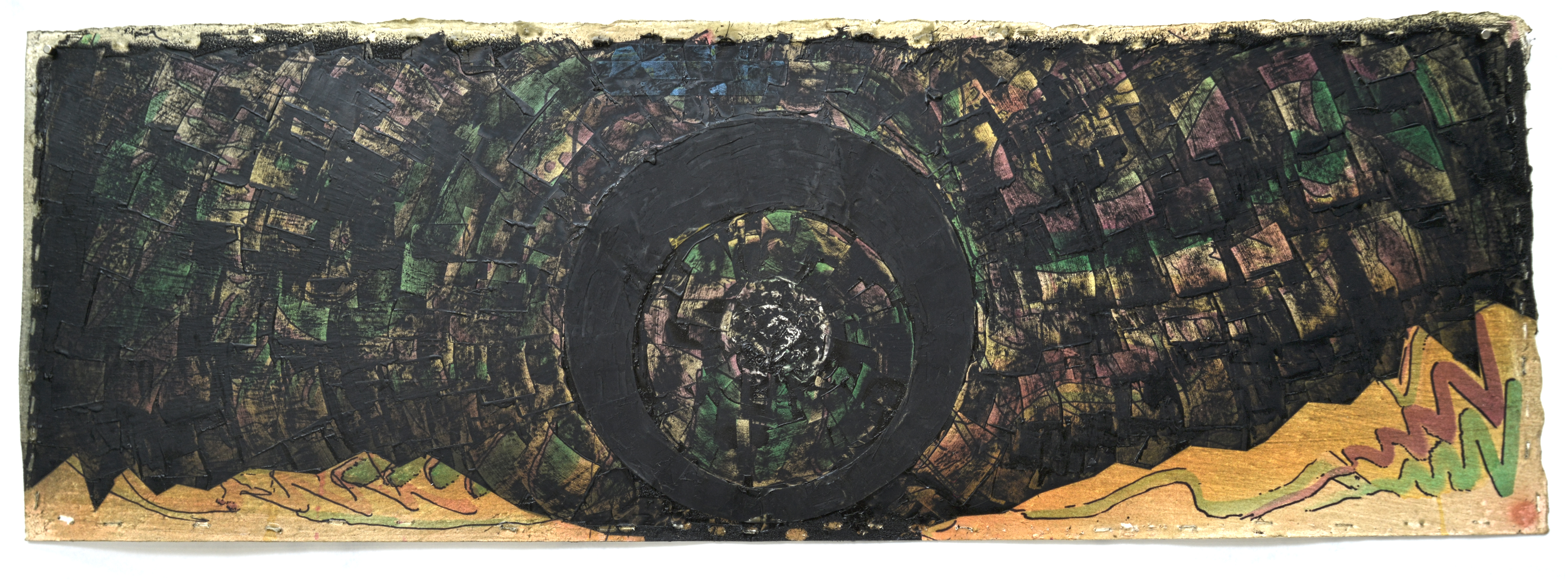 "Something on the Horizon" 2016; approx. 40" x 13.75" (101.6 x 34.92cm) Mixed-media: watercolor, airbrush, collage, etching ink on paper"