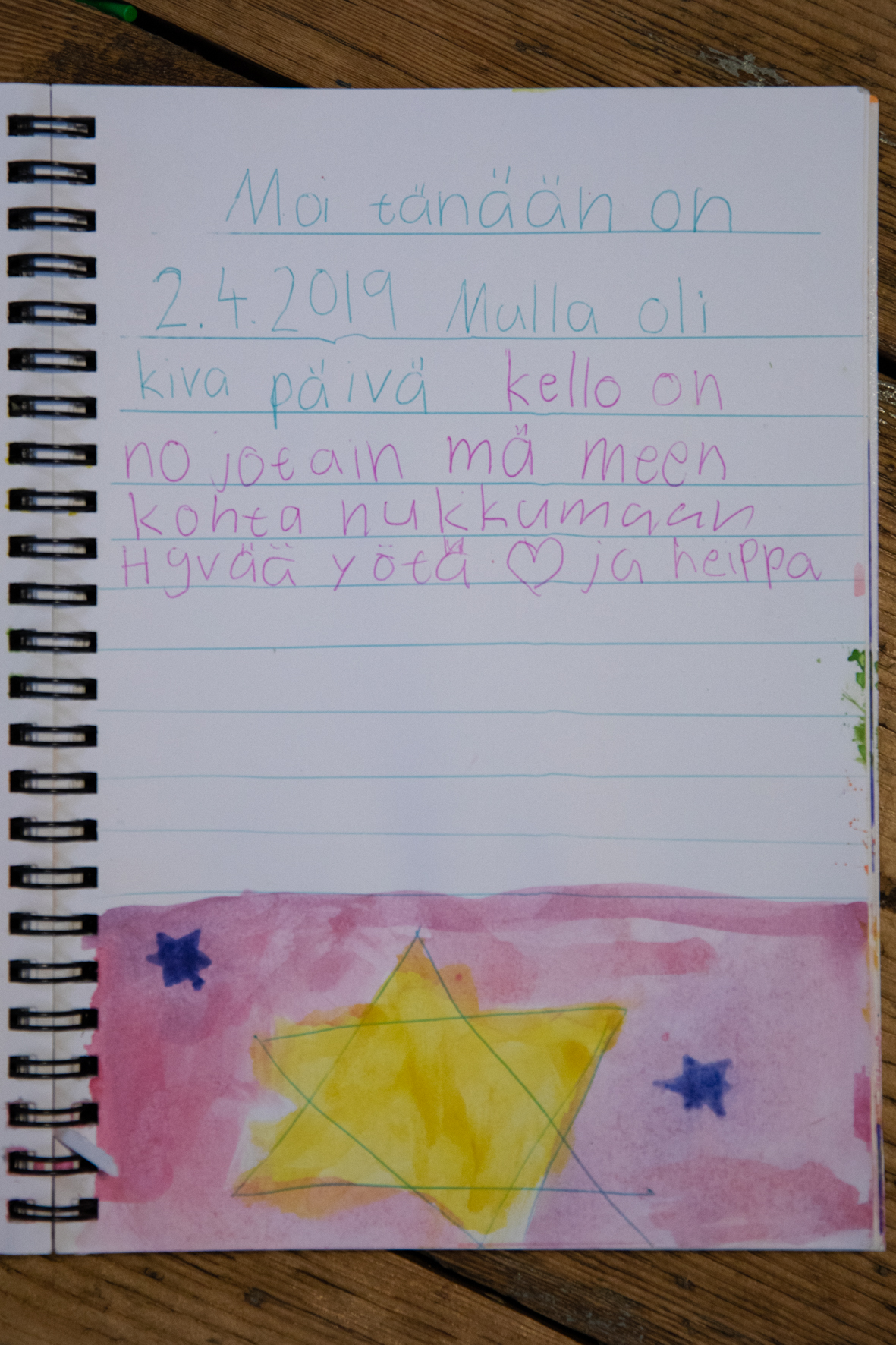 "Hi today is 2.4.2019 I had a nice day time is well something I go to sleep soon Good night and bye" (from F's notebook)