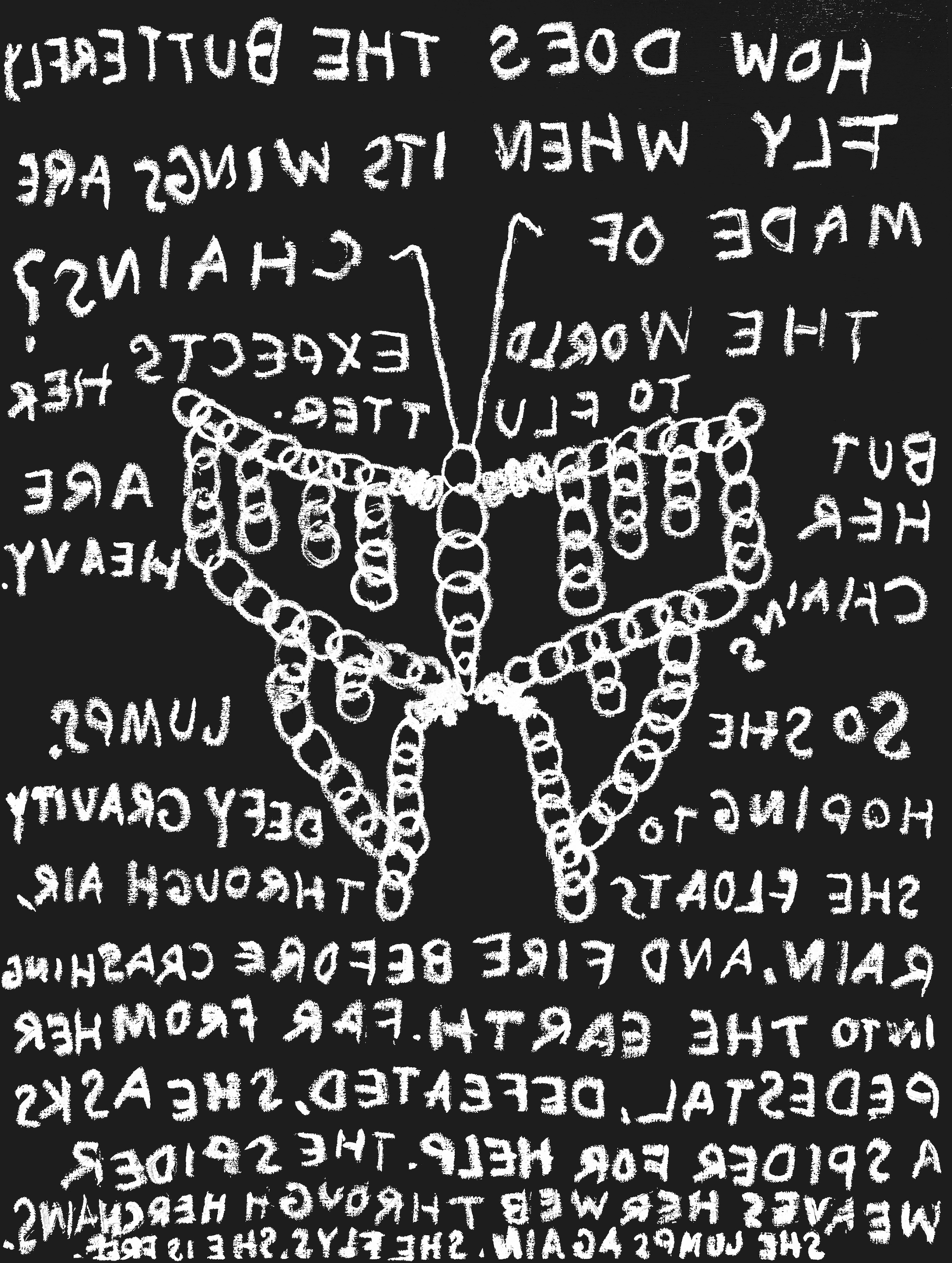 heavy metal wings (the story of the butterfly and the spider) Ann Haley 36 x 48 inchesoil on canvas2022