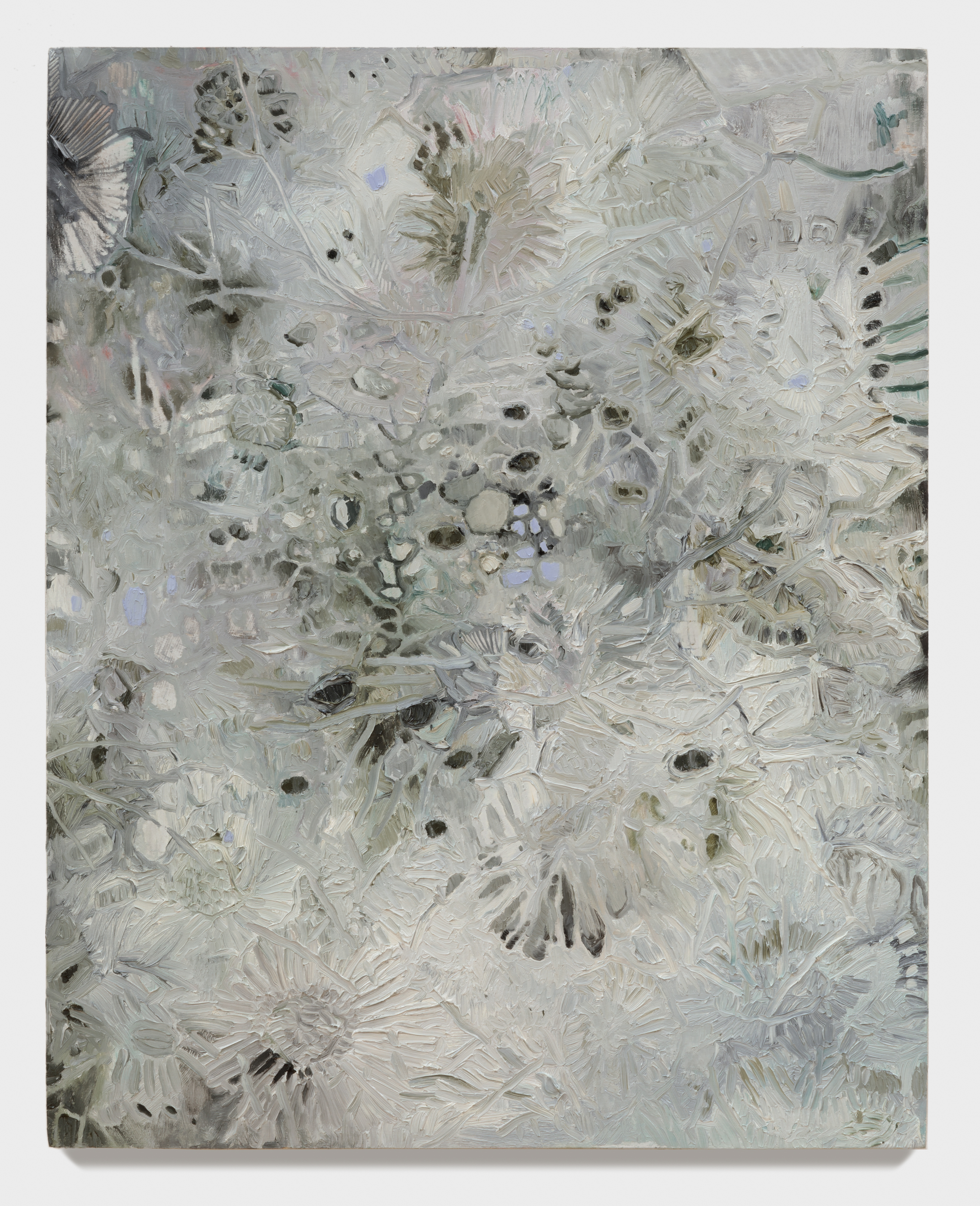 iceoil on panel20x16"2023Dead things encased in layers of ice, cracks above and below, all along the water’s edge.