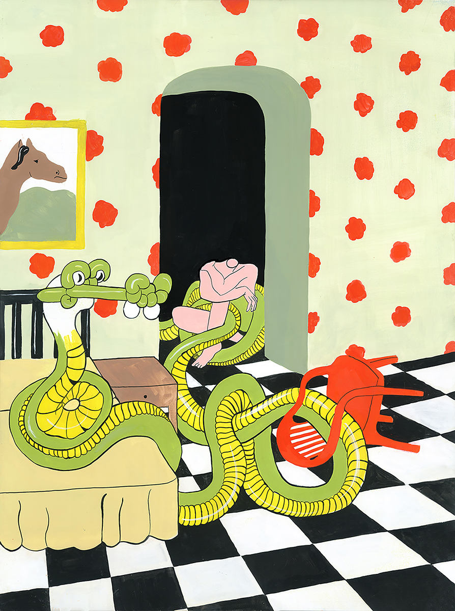 The Red Chair, acrylic, gouache on wood panel, 18” x 24”, 2018