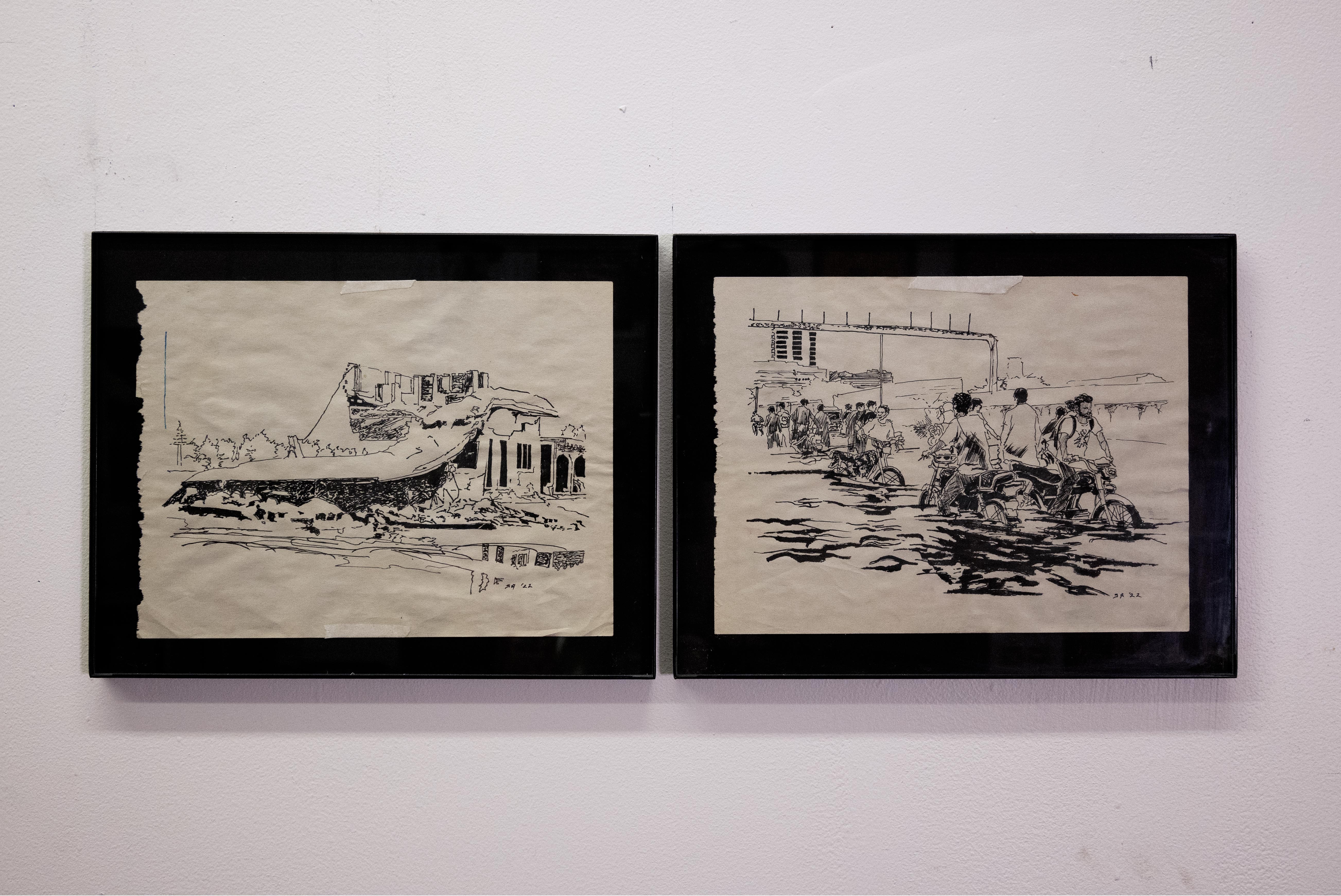 [Dark Neocolonial Floodwaters] Pakistan: Countryside to City, 2022 (Diptych), Pen & Ink on newsprint, 2x 9 x 12
