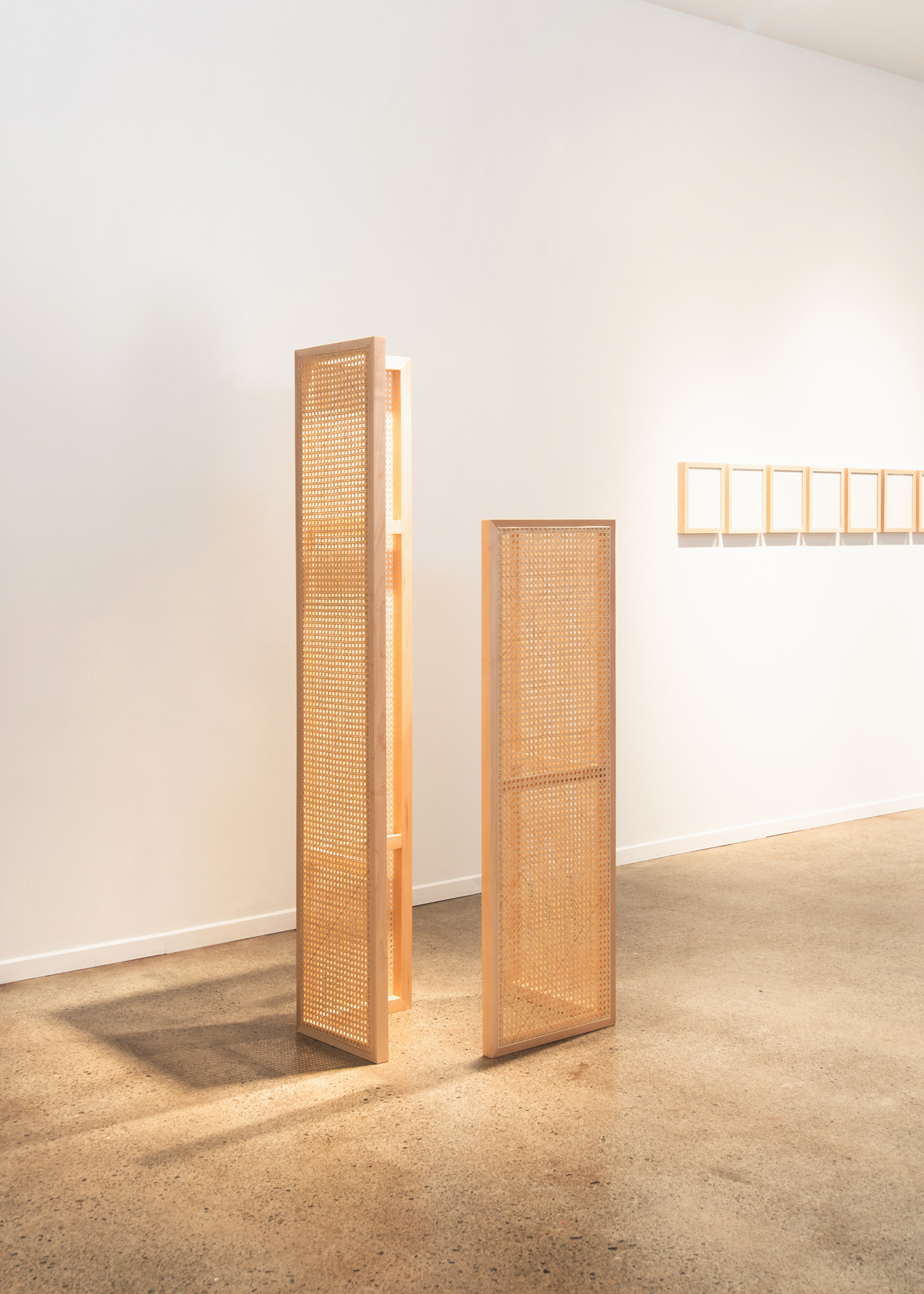 fruitsuper, Tower 1, 68 x 18 x 18 inches & Tower 2, 74 x 15 x 15 inches, Maple, rattan caning, 2019