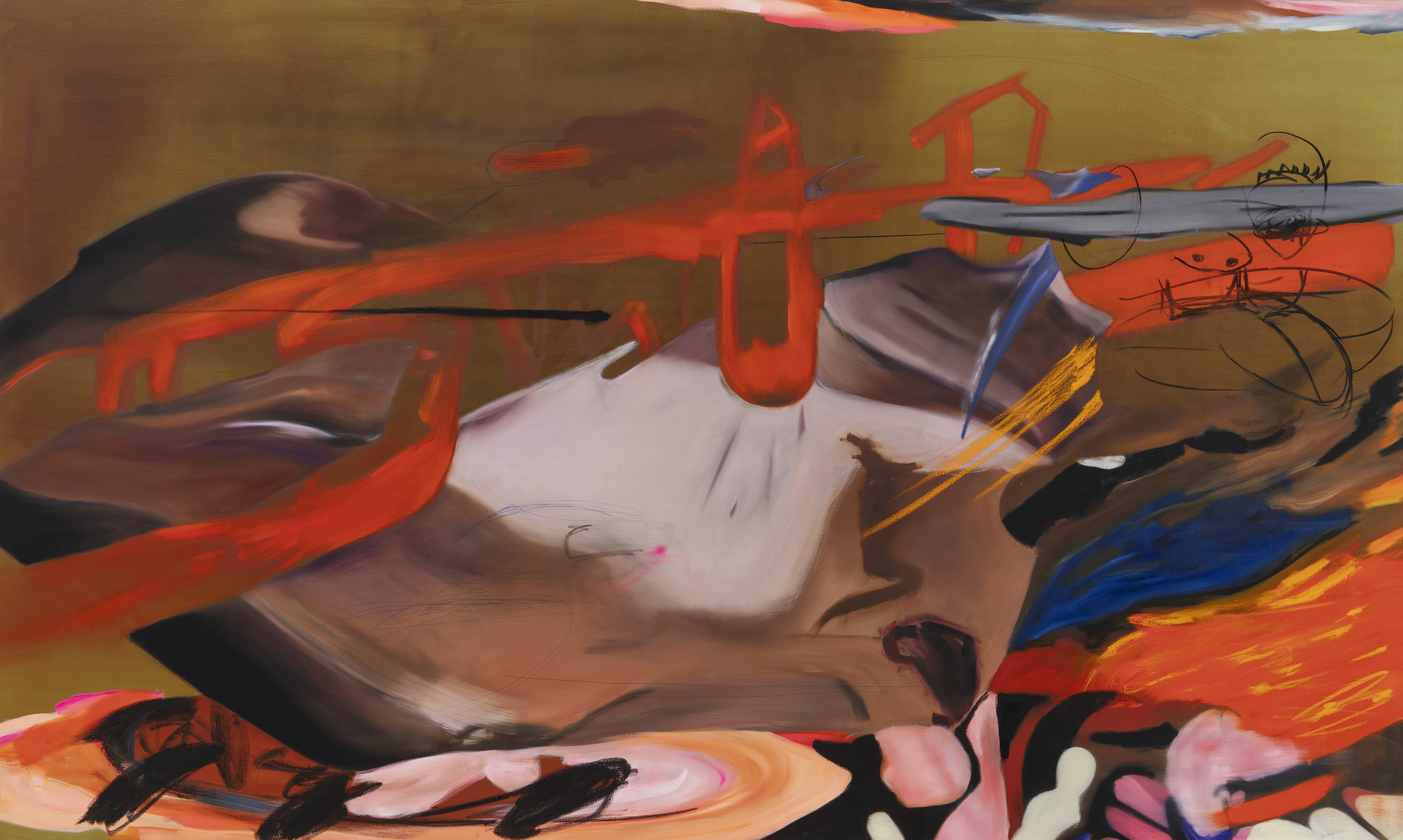 Run, Splashy, run!, 2024, Oil, oil stick, ball-point pen and charcoal on canvas, 150 x 250 cm