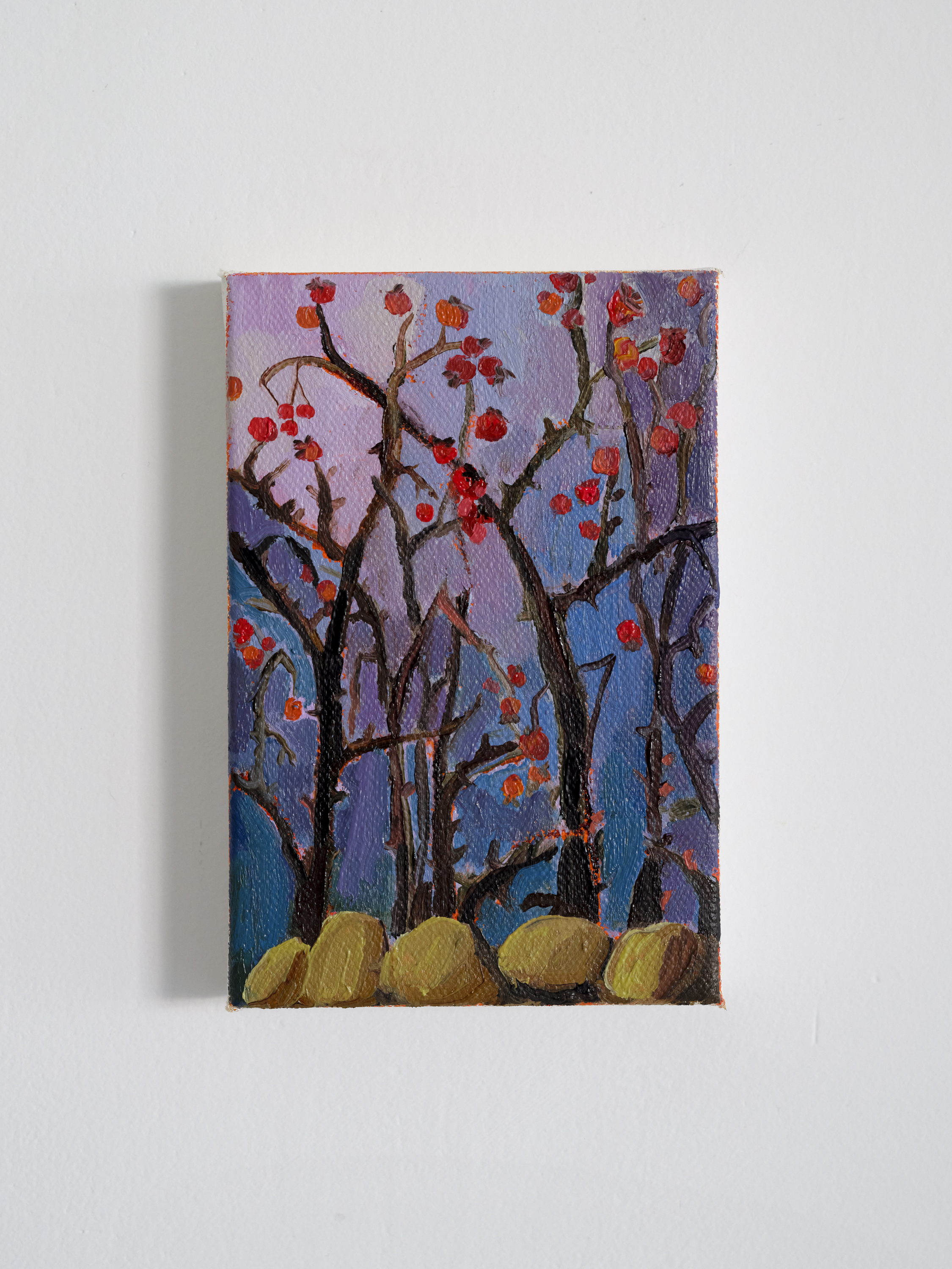 "Rose Hips in Miniature", 4 x 6 inches, oil on canvas, 2025. (SOLD)