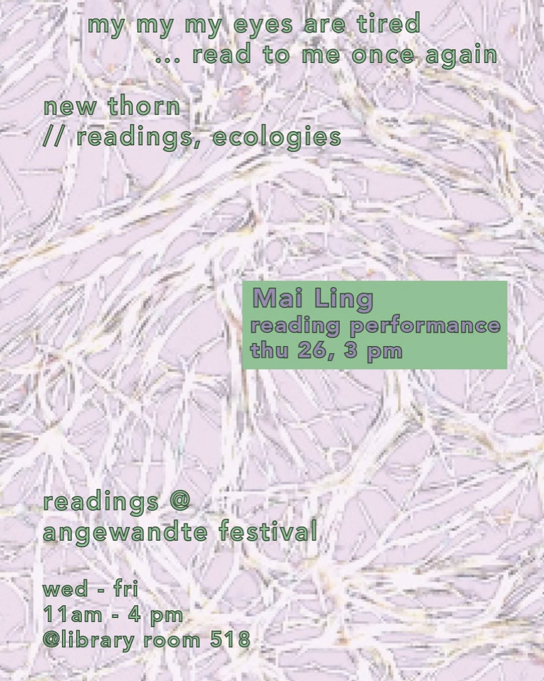 We read about and in the midst of climate-sensitive issues, ecologies, the desire for climate justice, the reports on ecocides. Of destruction, reconstruction, rest and regeneration. Of possibilities with and without our species.  Focus: Ecology, climate justice, treesmushroomsmoss Language: German, English  Institut: Kunst&shy;wis&shy;sen&shy;schaf&shy;ten, Kunst&shy;p&auml;&shy;dago&shy;gik und Kunst&shy;ver&shy;mittlung Abteilung: Kunst- und Kulturwissenschaften  Beteiligte: Lydia Baumgartner, Johanna Lutz, Luise N&uuml;bling, Claudia Stoleru, Carlotta Partzsch (Studierende der Abteilung Kunst und Kulturwissenschaften)