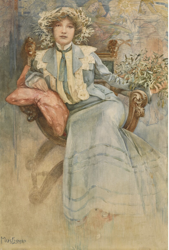 Alfons Mucha, Mistletoe: Portrait of Mme Mucha, 1903, kombinovaná technika, Foto: Sotheby's