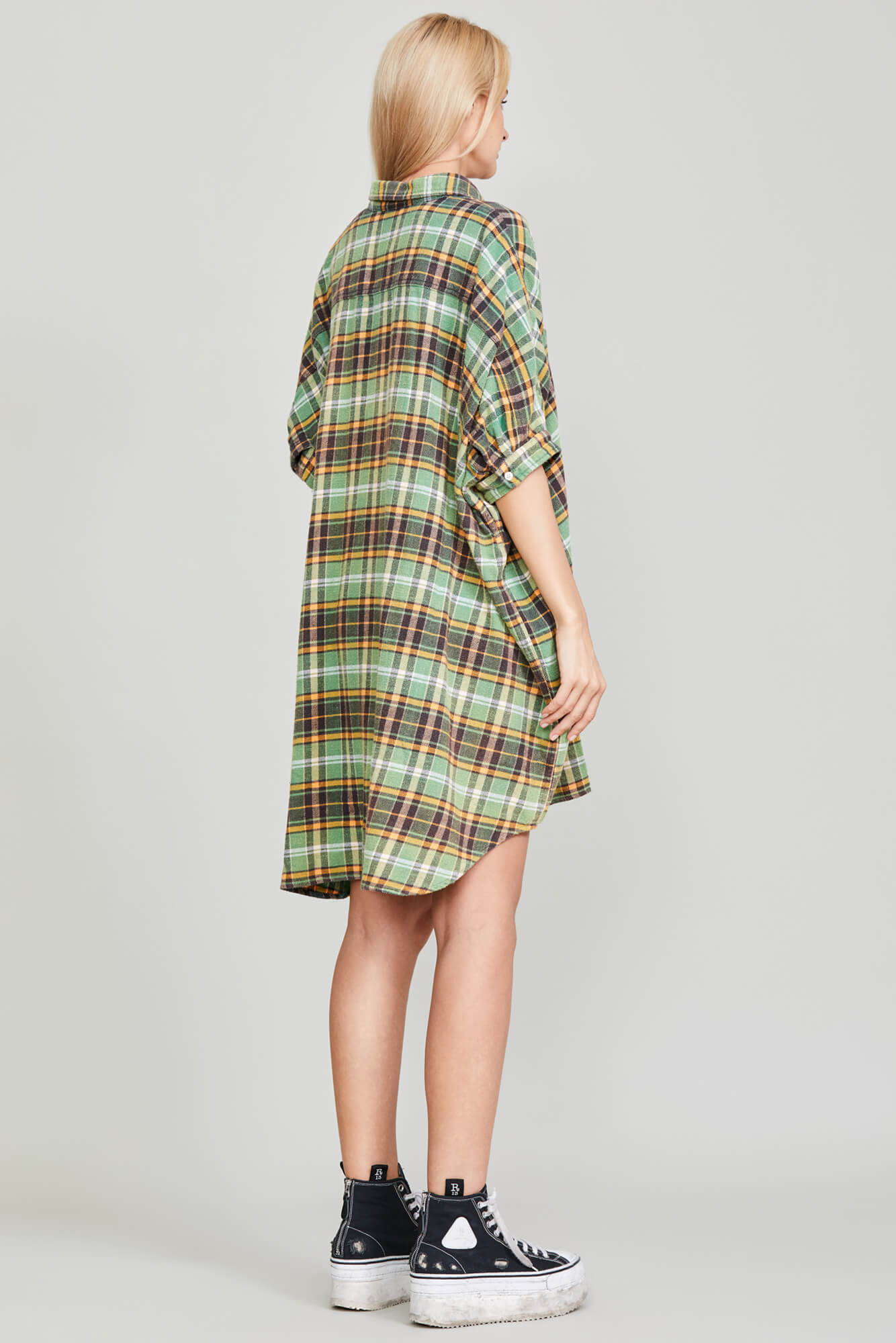 R13 OVERSIZED BOXY SHIRTDRESS GREEN PLAID TOP t.a