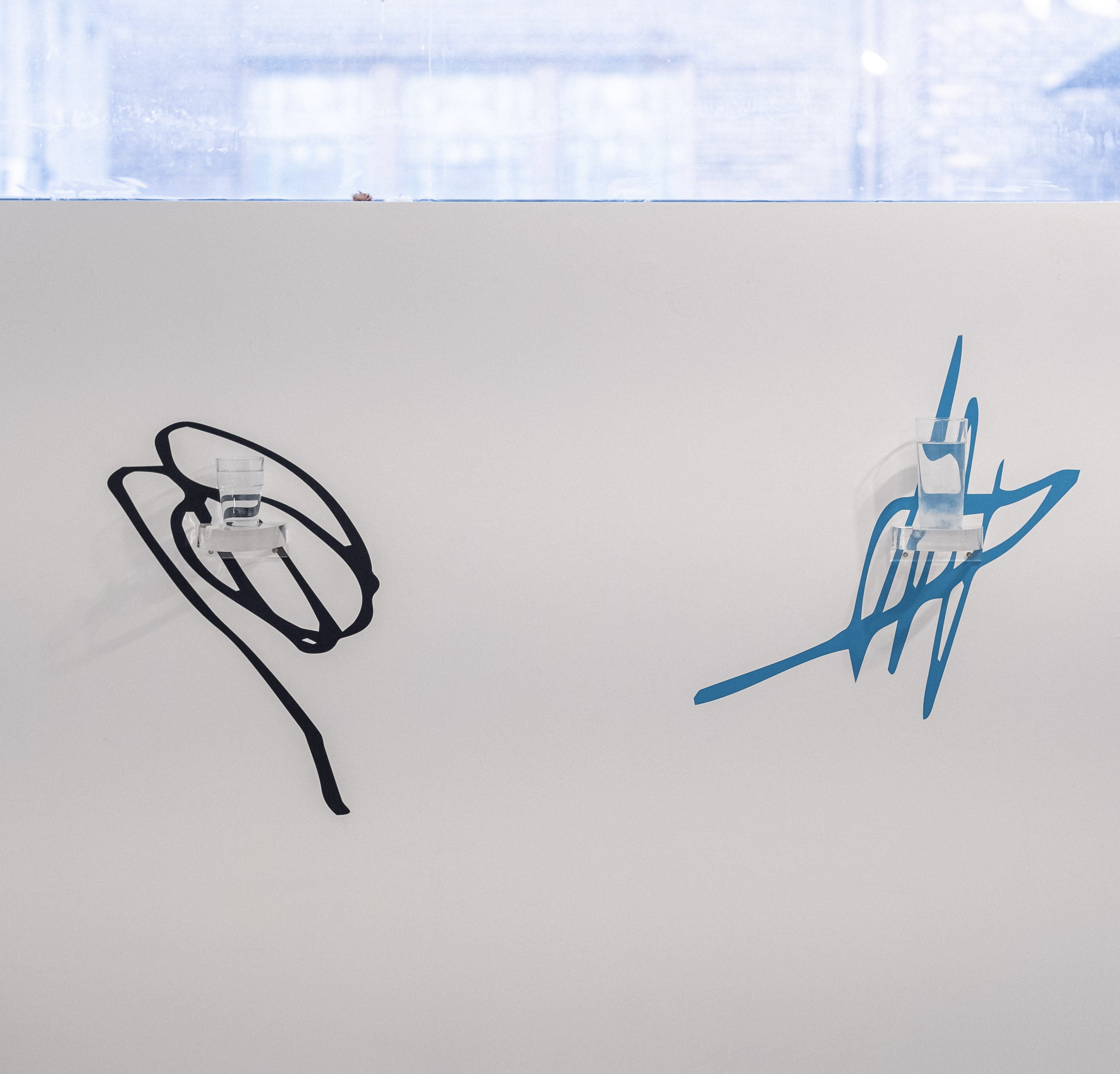 Viagra man, (viagra, resin, glass of water, plexiglass, sticker) 2023 & Glass of water (water, drinking glass, plexiglass, sticker) 2023