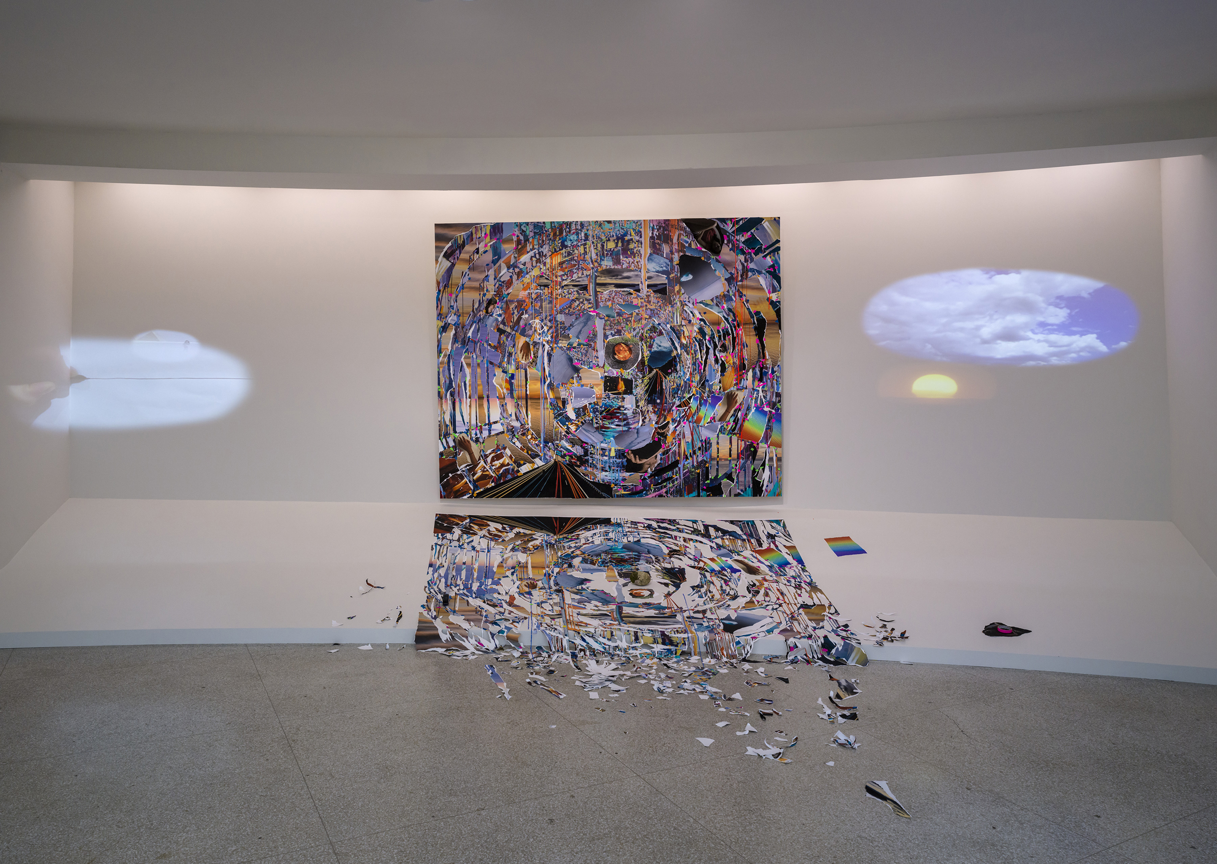 Sarah Sze, Times Zero, 2023. Oil paint, acrylic paint, inkjet prints, acrylic polymers, and ink on Diabond, aluminum, wood, and paper, 97 × 120.5 × 3 in. (246.4 × 306.1 × 7.6 cm). Collection of the artist. © Sarah Sze. Photo: David Heald © Solomon R. Guggenheim Foundation, New York