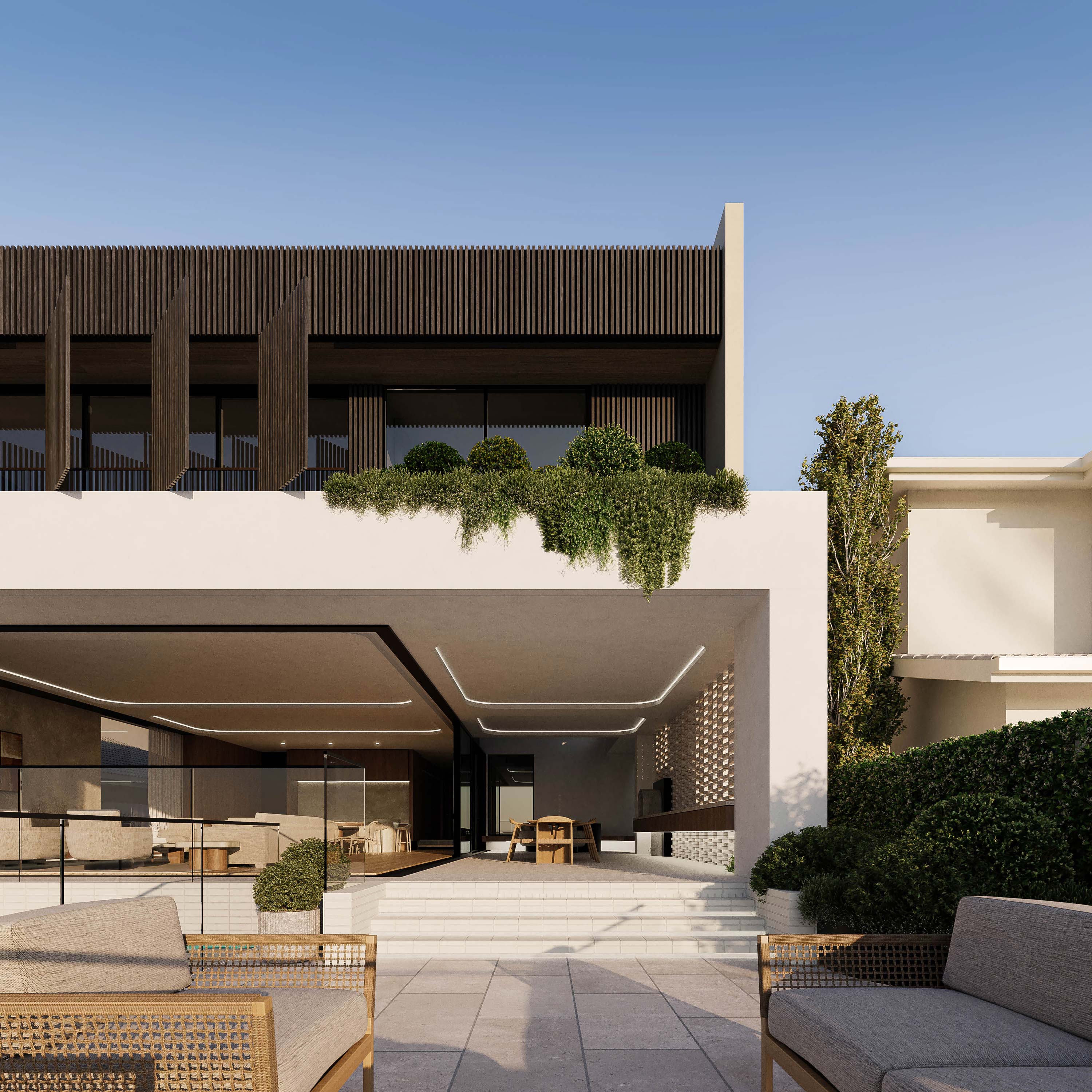 Luxury residence on the Gold Coast with open-plan interiors flowing onto a poolside terrace and outdoor lounge area.