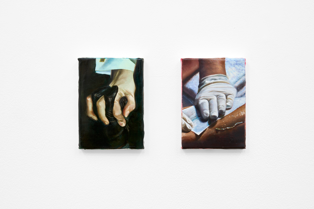 Annabelle Agbo Godeau, Hand in hand (2024) and Wax (2024) | Oil on canvas, 18 x 13 cm (each)