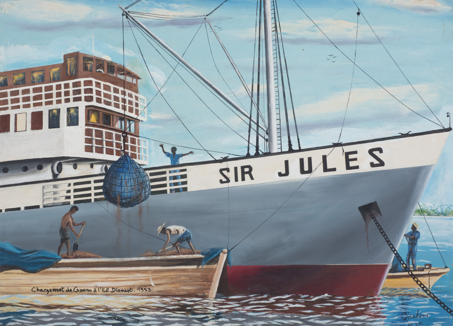 Clement Siatous, Chargement du Guano a lile Diamont, 1953, 2005, acrylic on linen, 27.5 x 34.5 in.