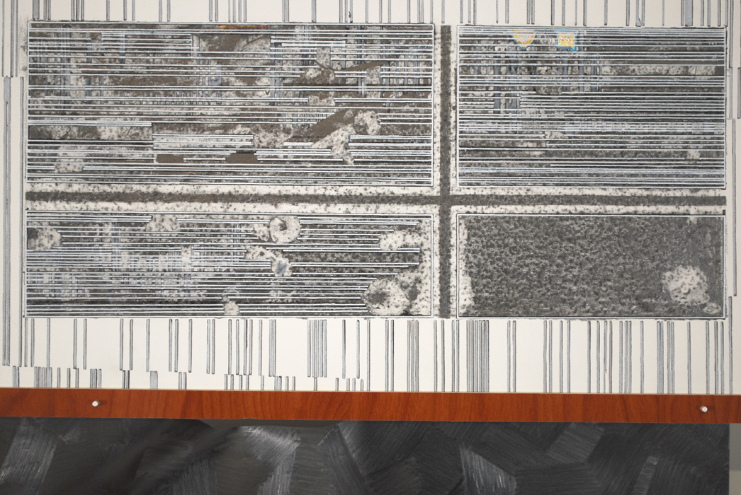 dm effect  Graphite, ink, oil marker, and gold leaf on paper and mylar. Formica and wood. 2011 - 91 x 44 x 2