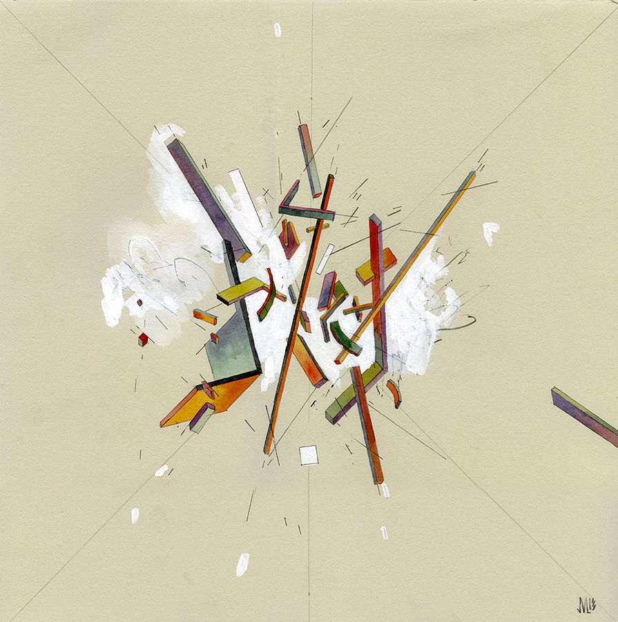 Collider Watercolor, acrylic, and graphite on paper, 14x14"2013