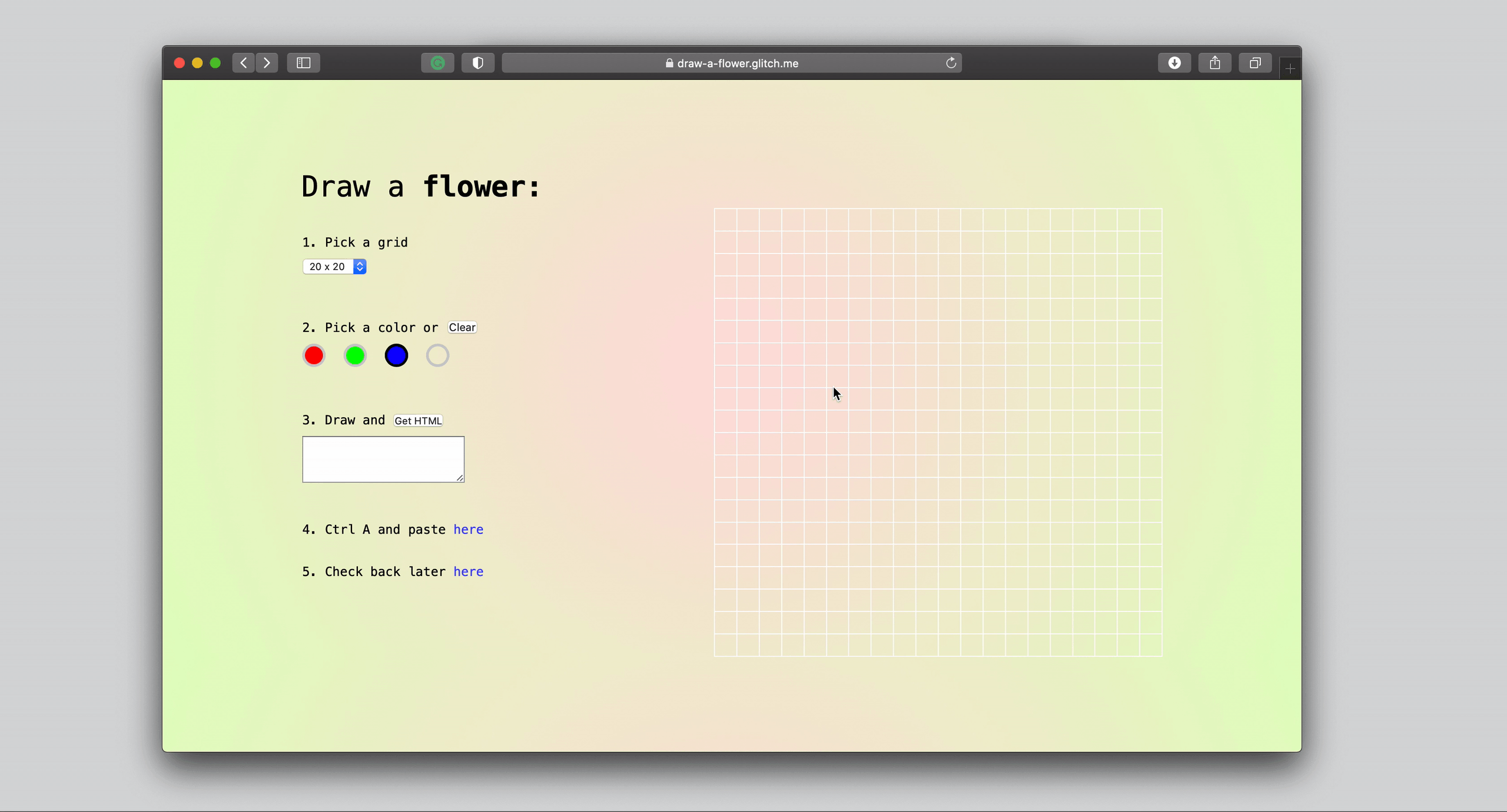 | 3/4 | Draw a Flower is a functional website coded with html and javascript hosted on glitch.