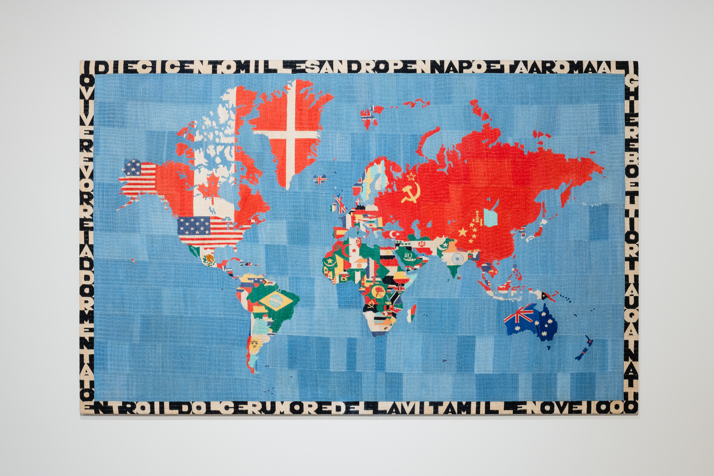 Alighiero Boetti, &ldquo;Mappa&rdquo;, 1984, Embroidery on fabric, 44 3/8 x 70 1/8 inches. Image by Rafael Gamo.