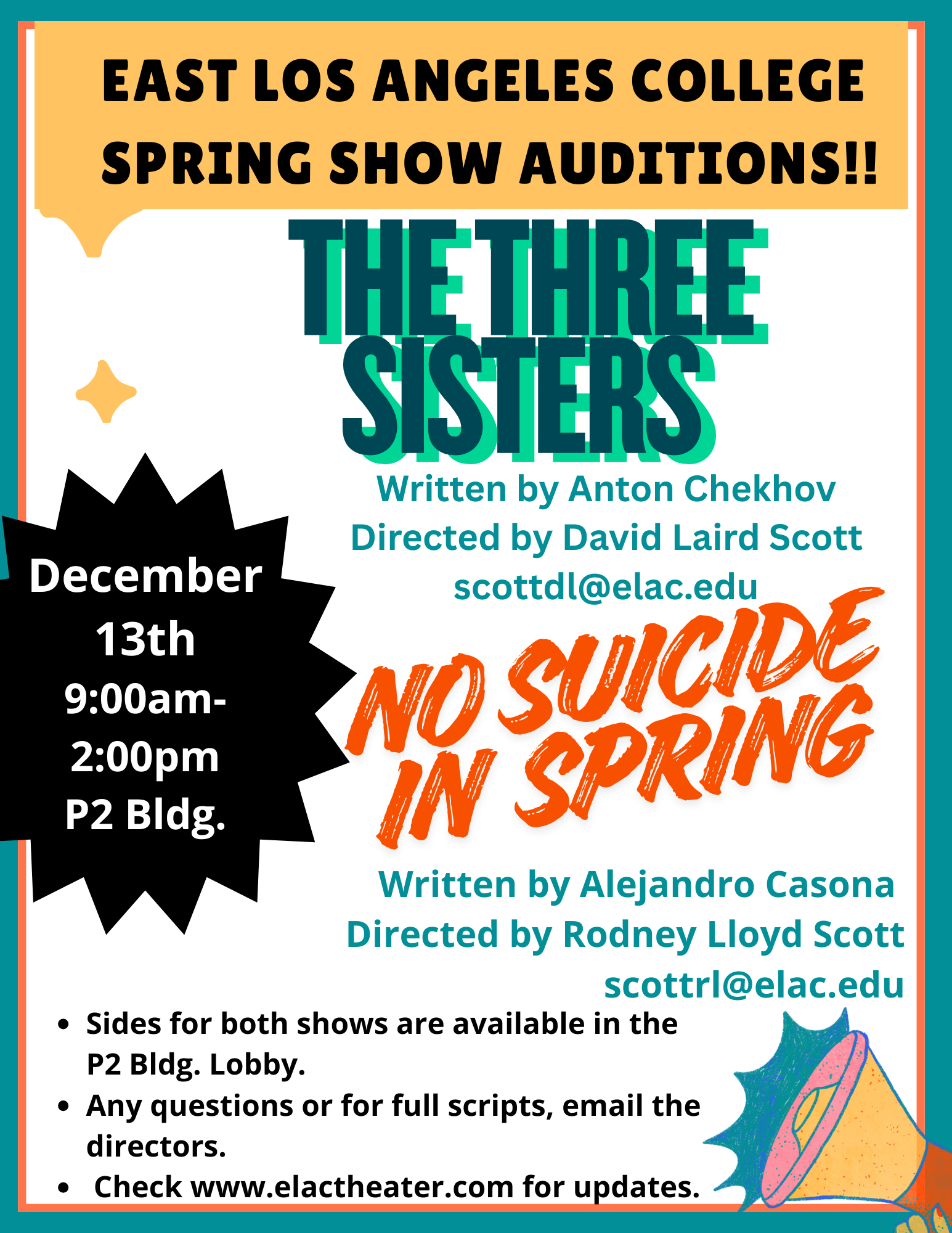 flyer for 2026 main stage productions of Three Sisters and No Suicide In Spring Auditions on Thursday December 13th 9am-2pm, P2 lobby ELAC theater