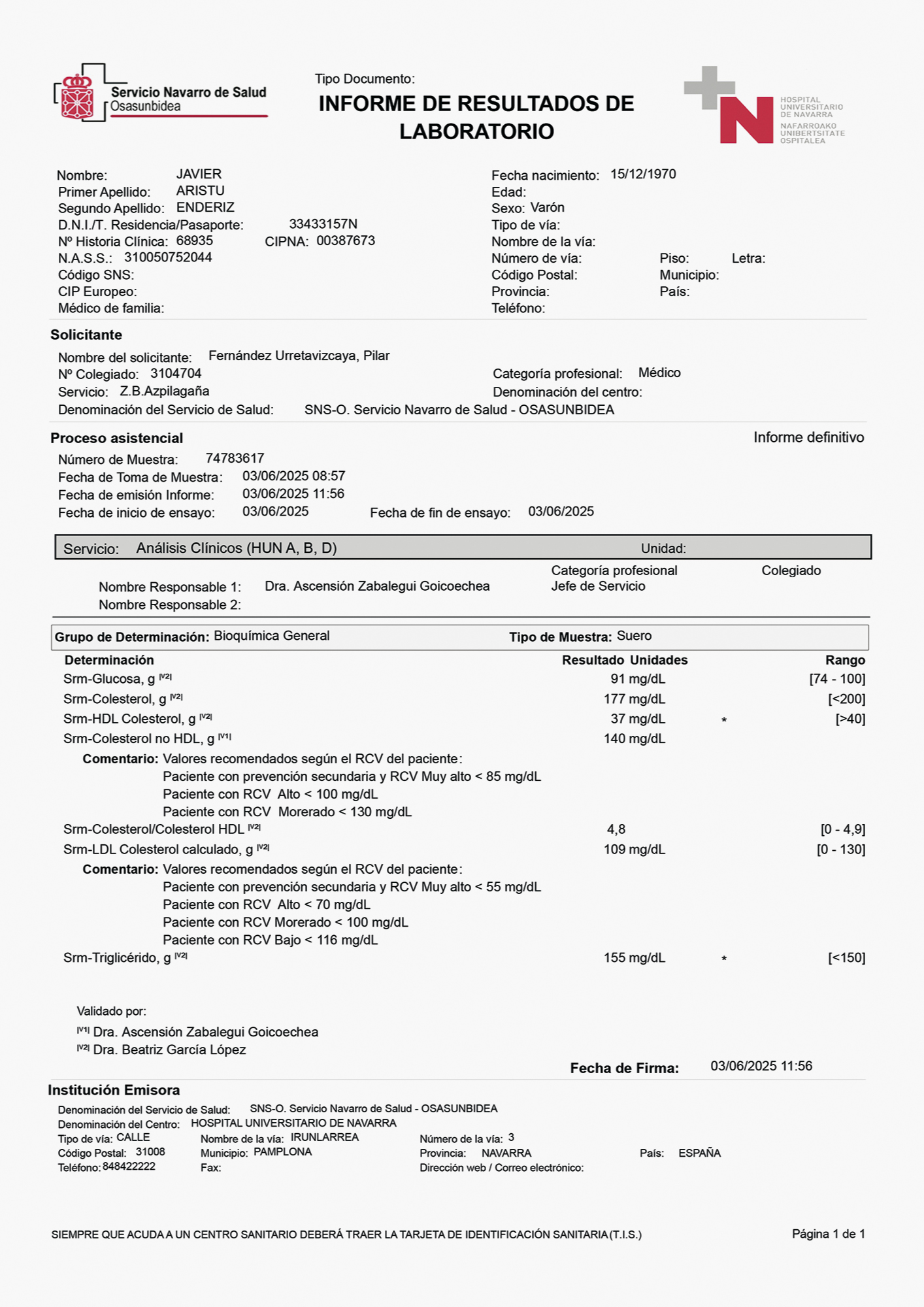 Informe de resultados de laboratorio del Servicio Navarro de Salud, Pamplona, 2025