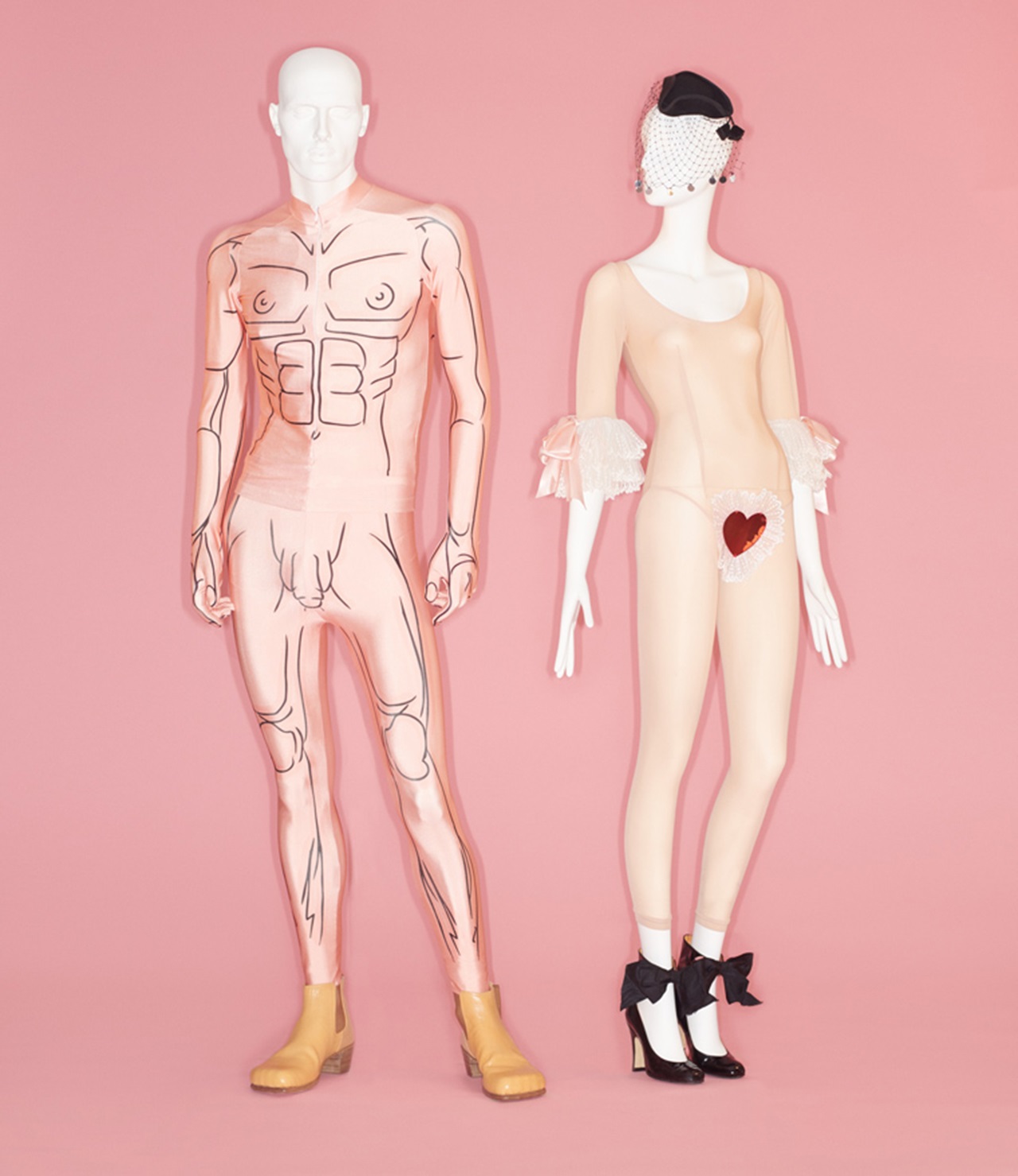 Left: Walter Van Beirendonck (Belgian, born 1957). Ensemble, spring/summer 2009. Courtesy of Walter Van Beirendonck. Right: Vivienne Westwood (British, born 1941). Ensemble, fall/winter 1989–90. Courtesy of Vivienne Westwood Archive. Photo © Johnny Dufort, 2019