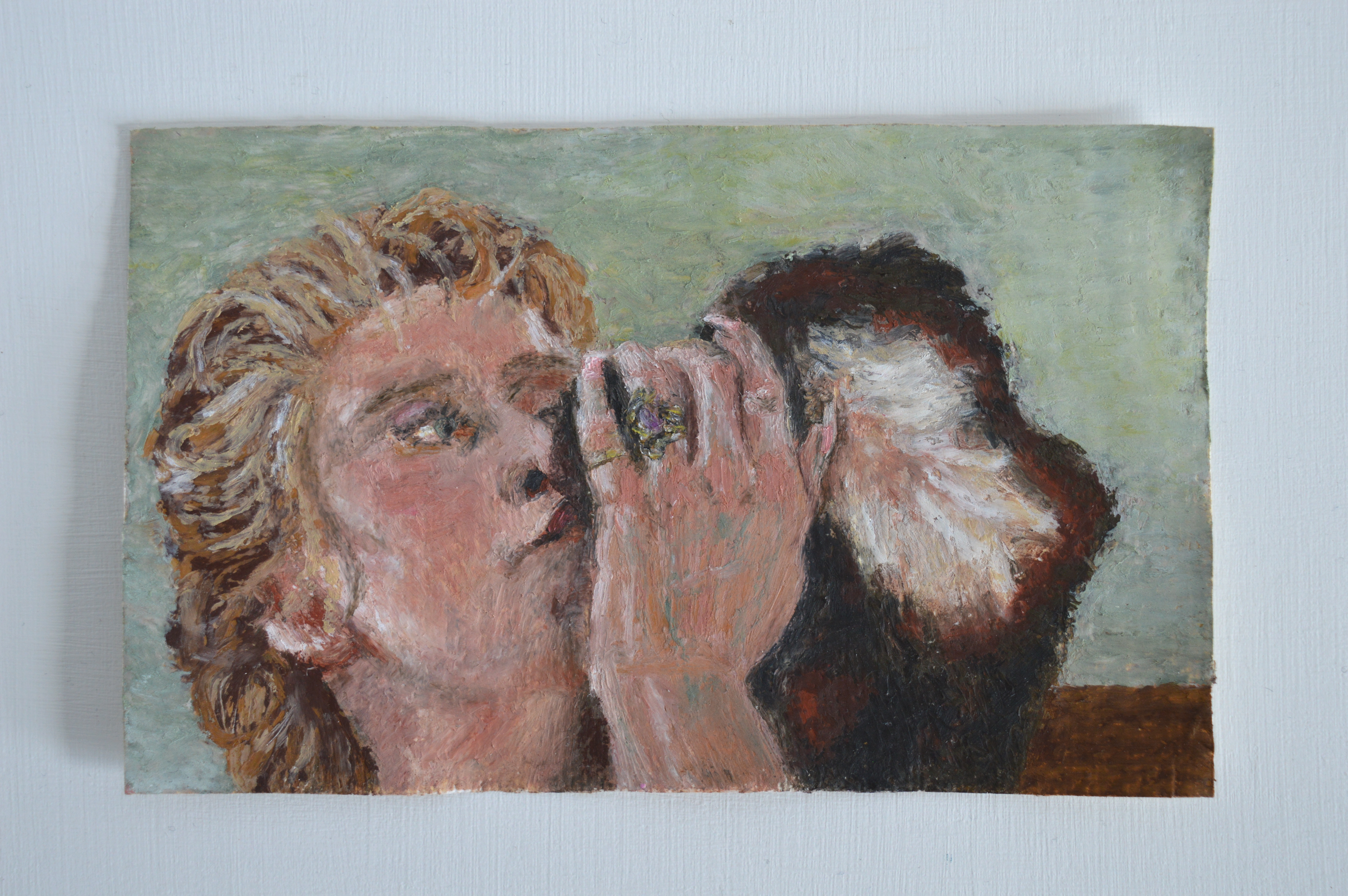 the monkey whisperer   oil pastel on khadi paper, 9 x 15 cm 