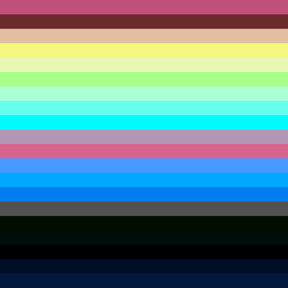 ︎︎︎ ︎︎︎ Two color-score frames for 20-channel ambisonic coding. Each row will determine the XYZ position of a virtual mic/speaker using HCL values, uniform spherical distribution (left), displacement (right).