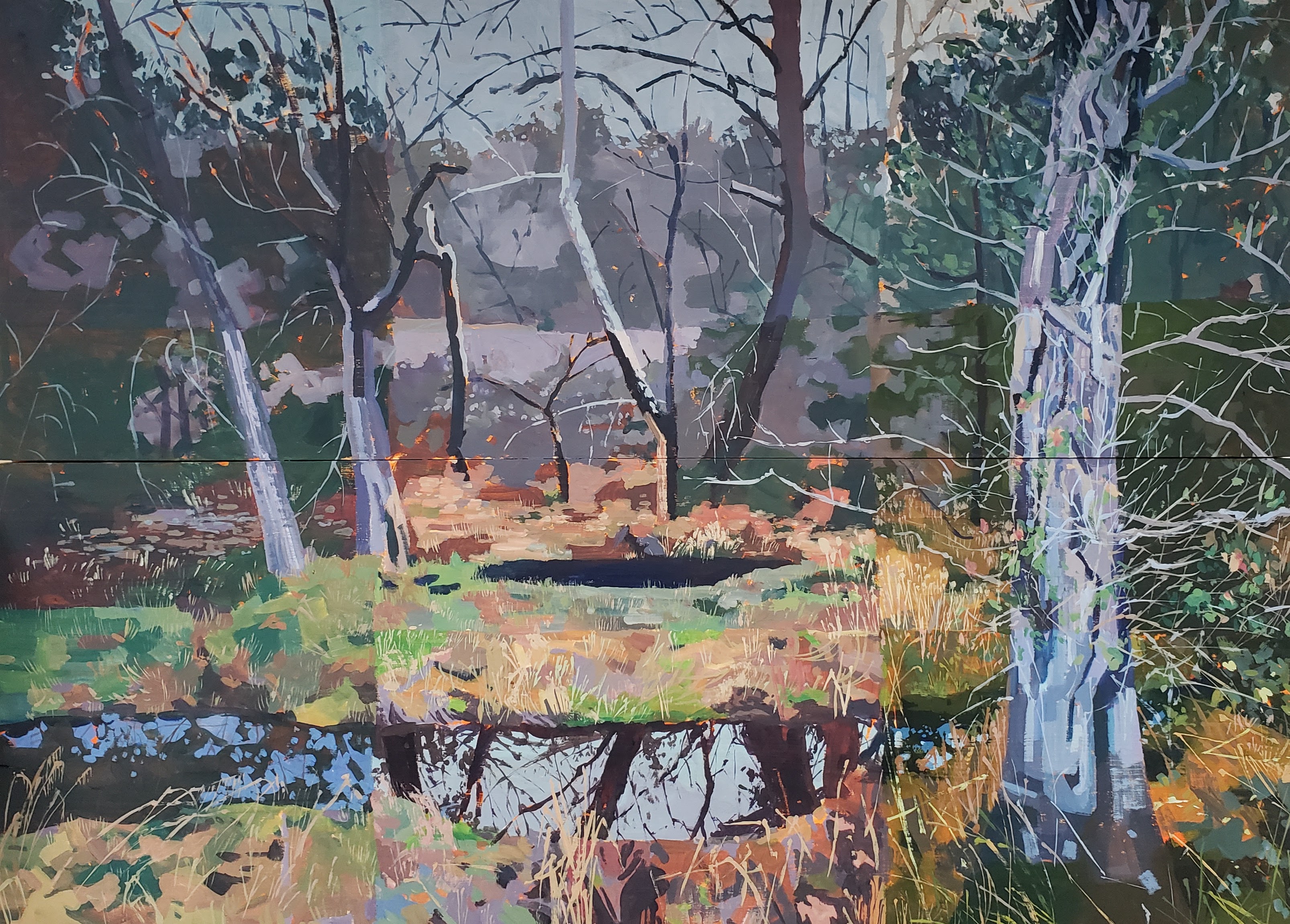 "Morning Woods" acrylic on wood 36" x 48" (2022)